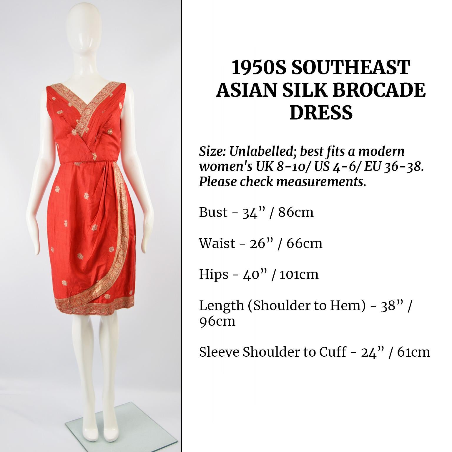 1950s Vintage Red Silk & Gold Brocade Indian Sari Style Fabric Dress 5