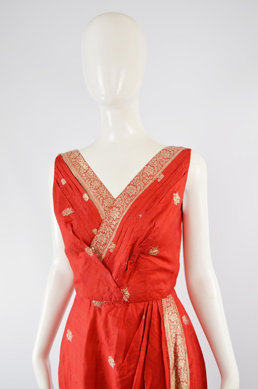 1950s Vintage Red Silk & Gold Brocade Indian Sari Style Fabric Dress In Good Condition In Doncaster, South Yorkshire