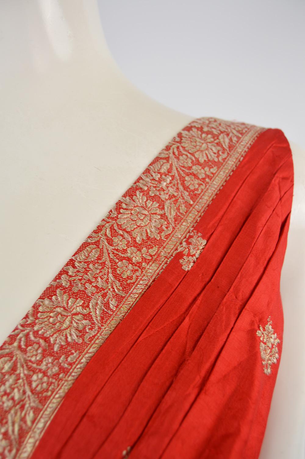 Women's 1950s Vintage Red Silk & Gold Brocade Indian Sari Style Fabric Dress