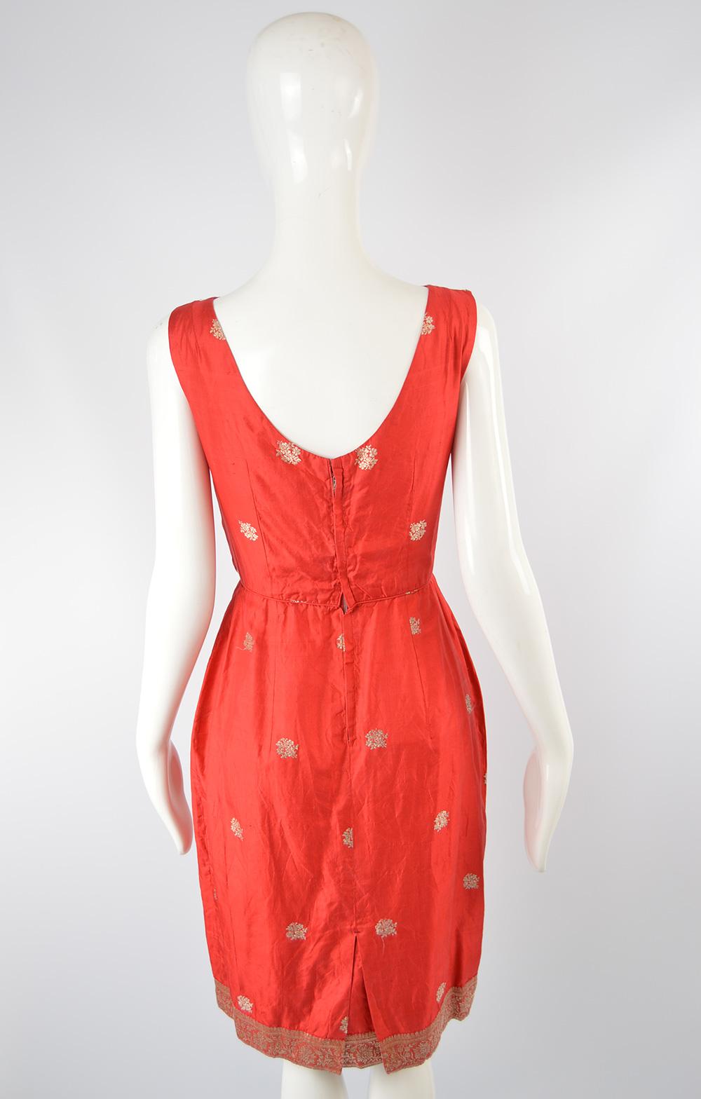 1950s Vintage Red Silk & Gold Brocade Indian Sari Style Fabric Dress 2