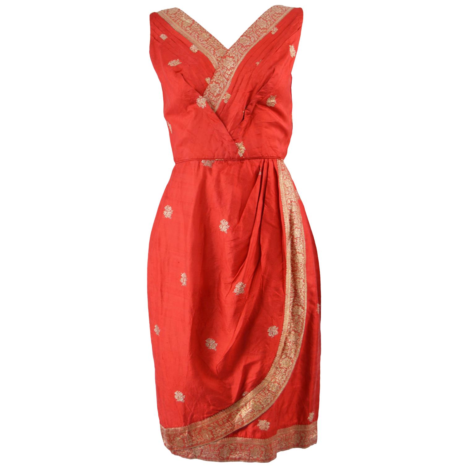 1950s Vintage Red Silk & Gold Brocade Indian Sari Style Fabric Dress