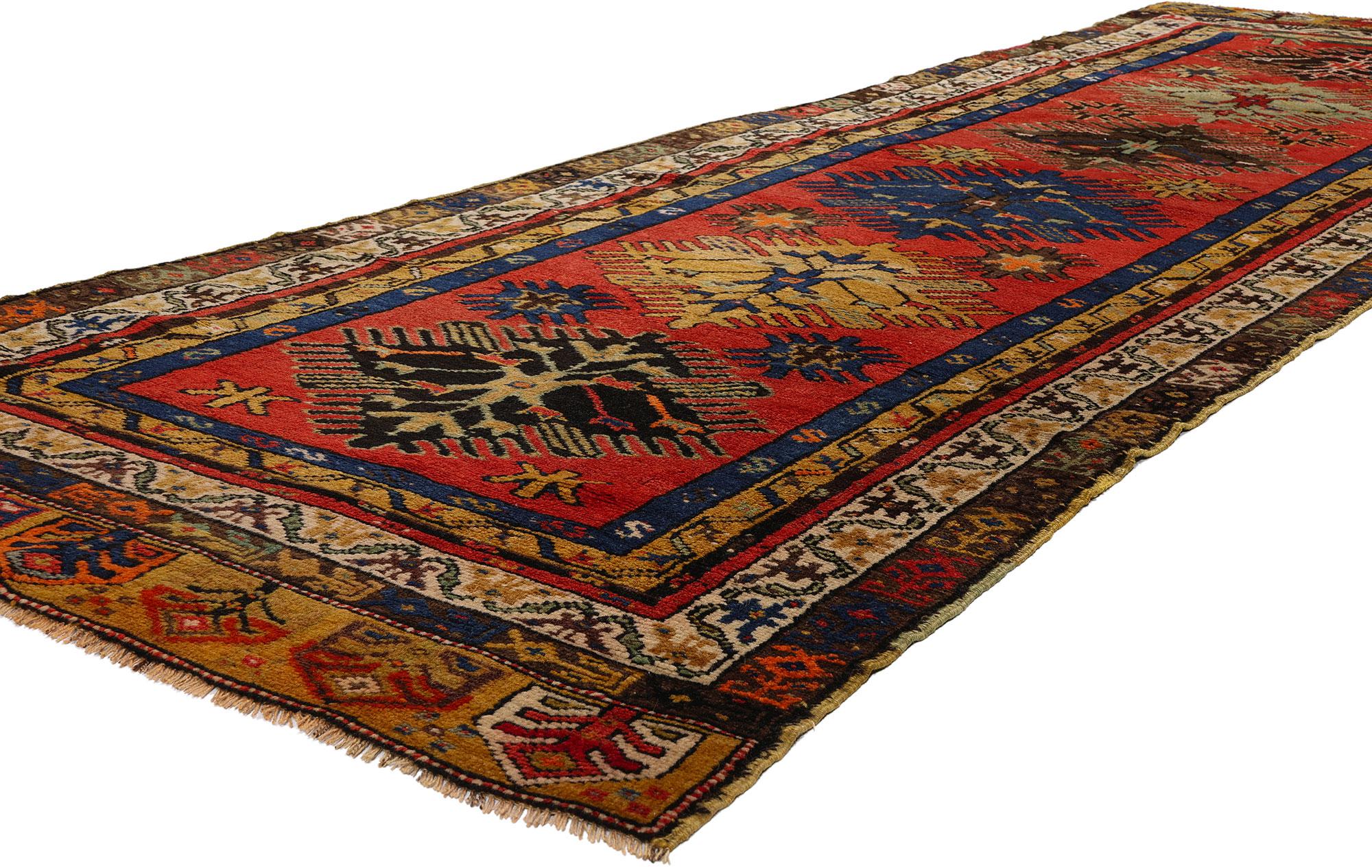 53881 Vintage Turkish Oushak Rug, 03'08 x 11'06. Please note this listing is for one piece. There is a matching piece available.  Enter a realm where the whispers of bygone tribes echo through the ages in this meticulously hand knotted wool vintage