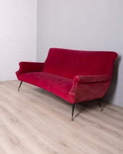 1950s Vintage Red Velvet Sofa, Italian Design