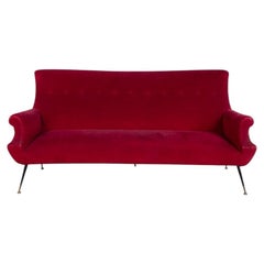 1950s Vintage Red Velvet Sofa, Italian Design