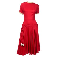 1950s Vintage Red Wool Holiday Dress With Cream Knit Trim & White Pom Poms
