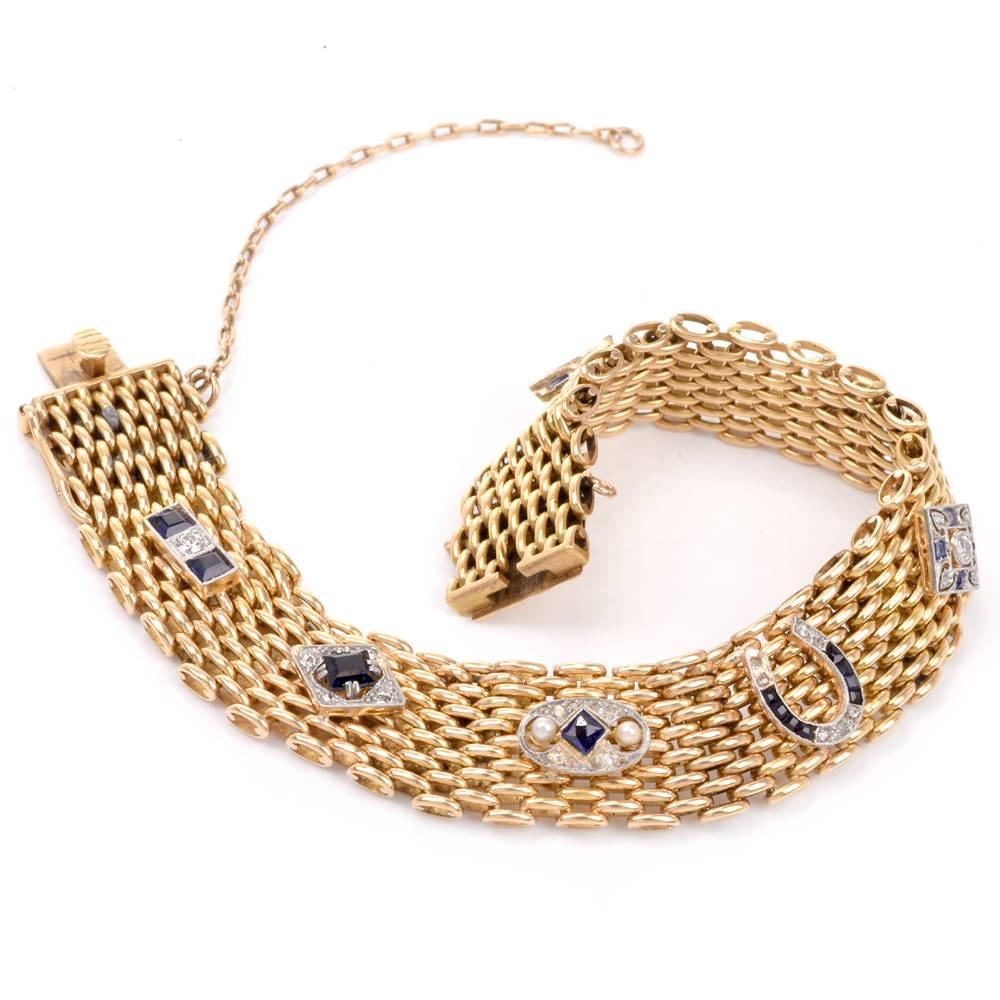 This artfully crafted vintage retro bracelet is rendered in solid 18-Karat yellow gold with platinum top, weighs 43.4 grams and measures 7.5 inches long and 14mm wide. Rendered in an enchanting woven mesh pattern, the pleasantly flexible bracelet is
