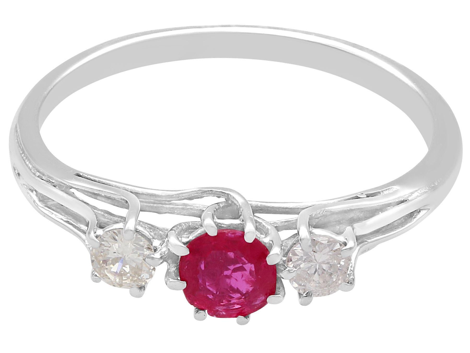 Round Cut 1950s Vintage Ruby and Diamond White Gold Trilogy Ring