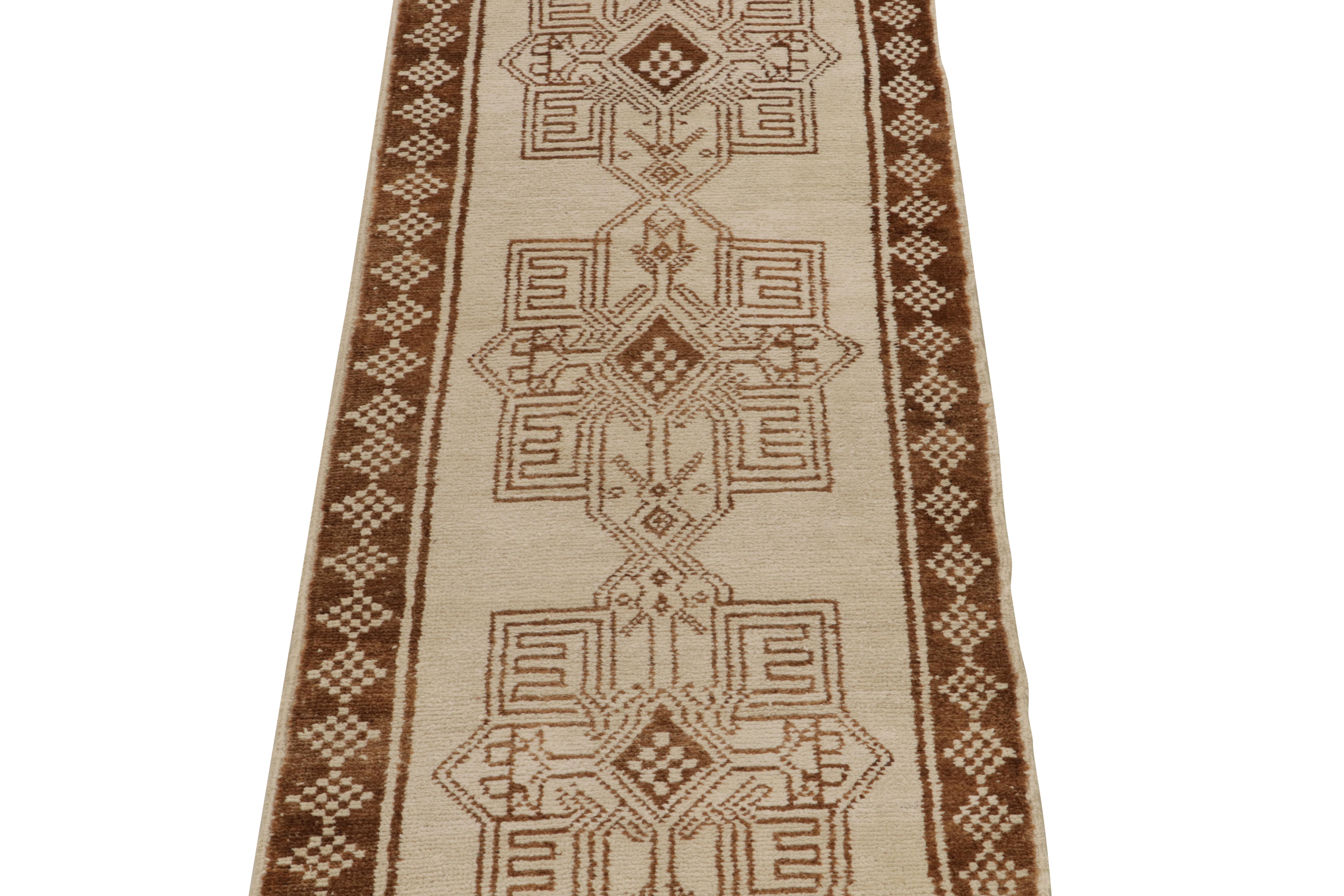 Hand-Knotted 1950s Vintage Runner in Off-White & Beige-Brown Tribal Medallion by Rug & Kilim