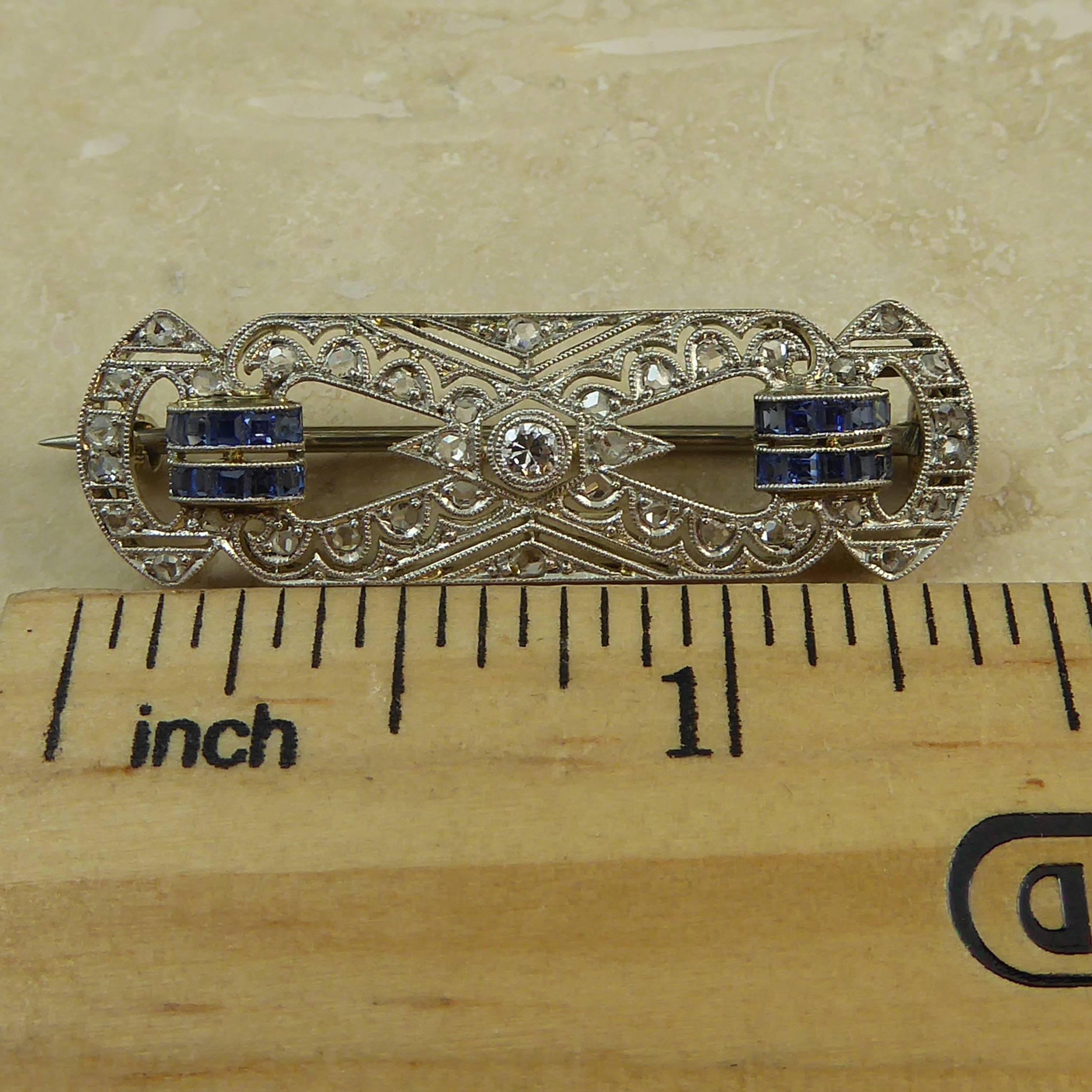 1950s Vintage Sapphire and Diamond Plaque Brooch, White and Yellow Gold 5