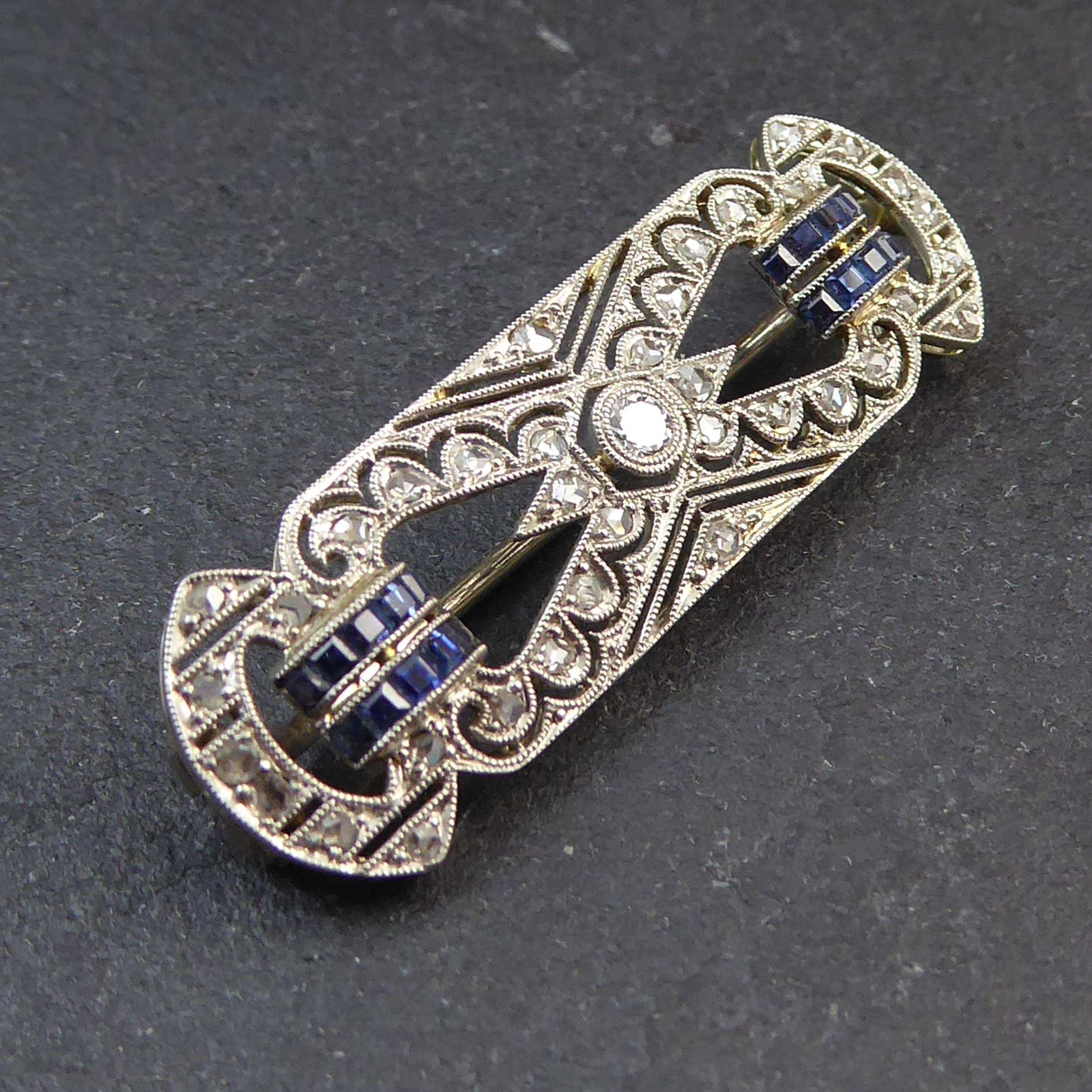 Modern 1950s Vintage Sapphire and Diamond Plaque Brooch, White and Yellow Gold
