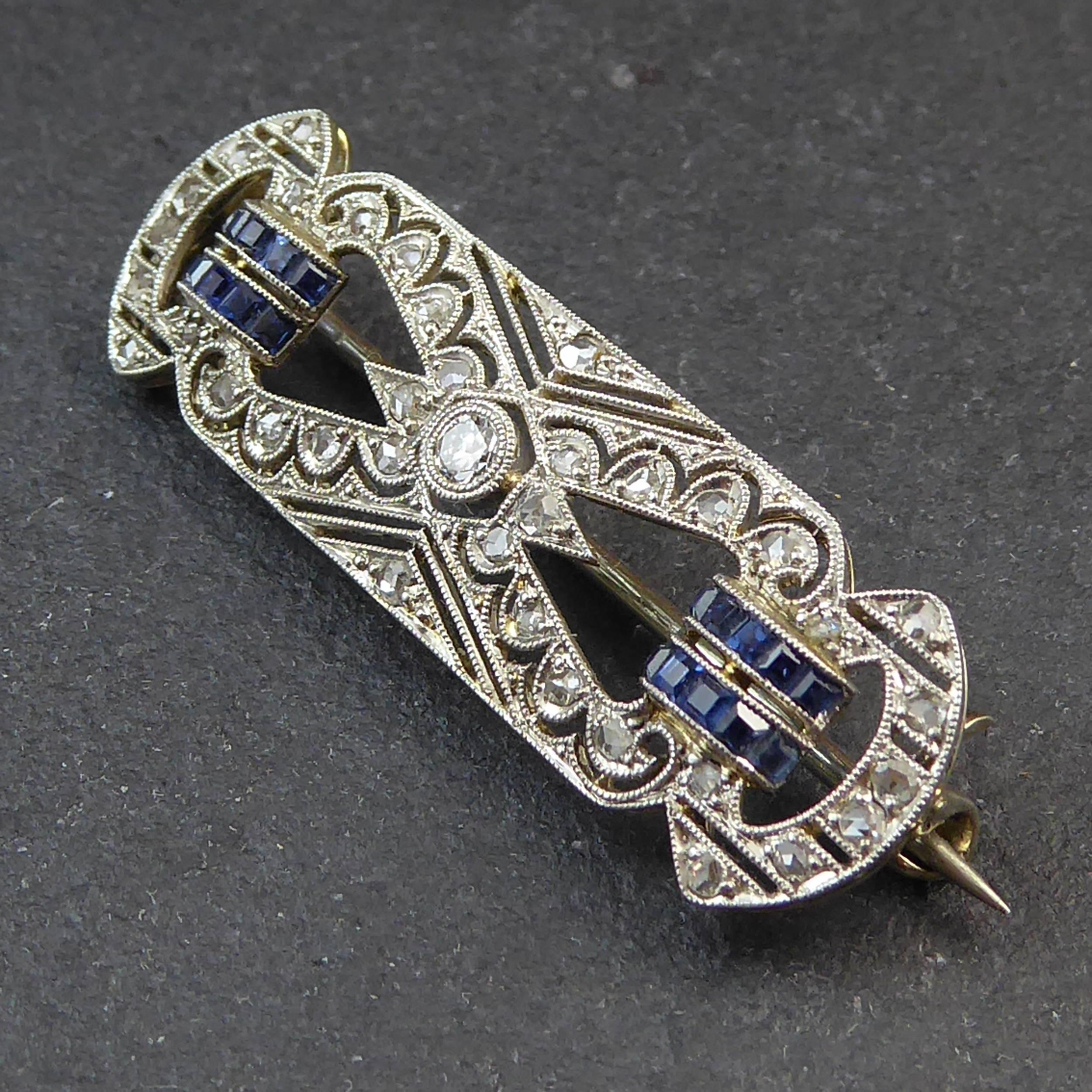 1950s Vintage Sapphire and Diamond Plaque Brooch, White and Yellow Gold In Good Condition In Yorkshire, West Yorkshire