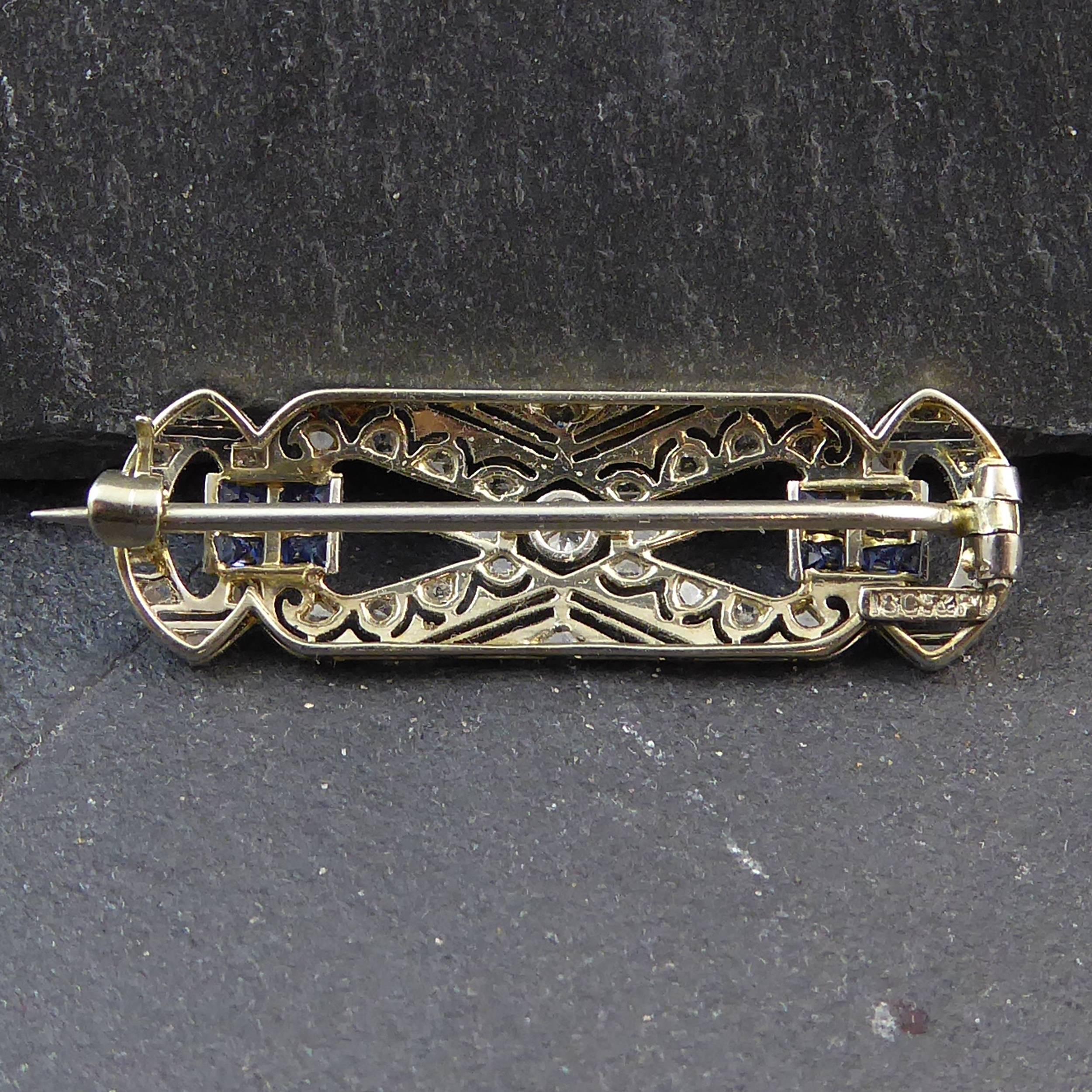 Women's 1950s Vintage Sapphire and Diamond Plaque Brooch, White and Yellow Gold