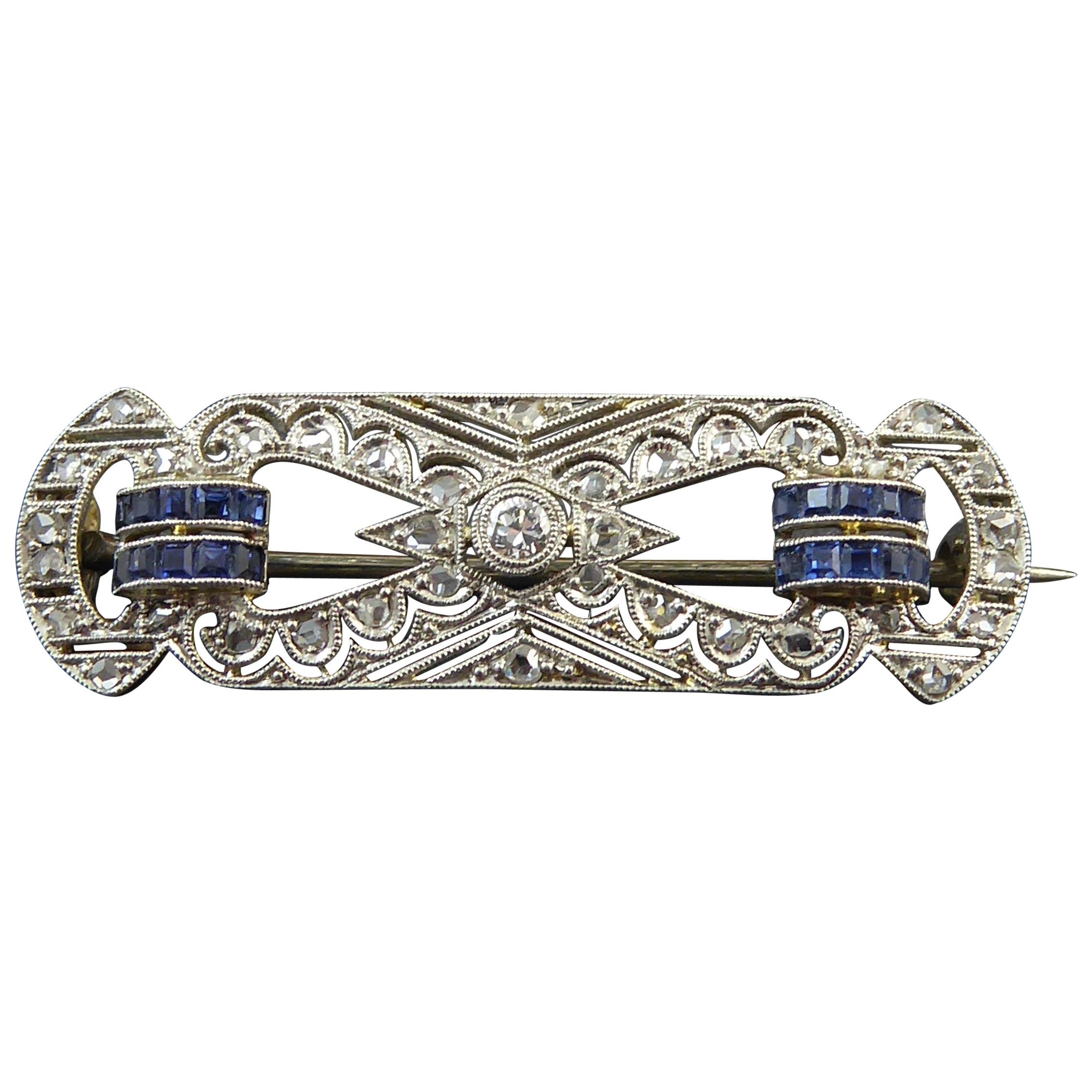 1950s Vintage Sapphire and Diamond Plaque Brooch, White and Yellow Gold