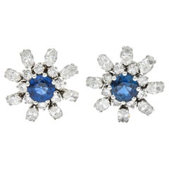 1950’s Retro Sapphire Diamond 18 Karat White Gold Starburst Earrings