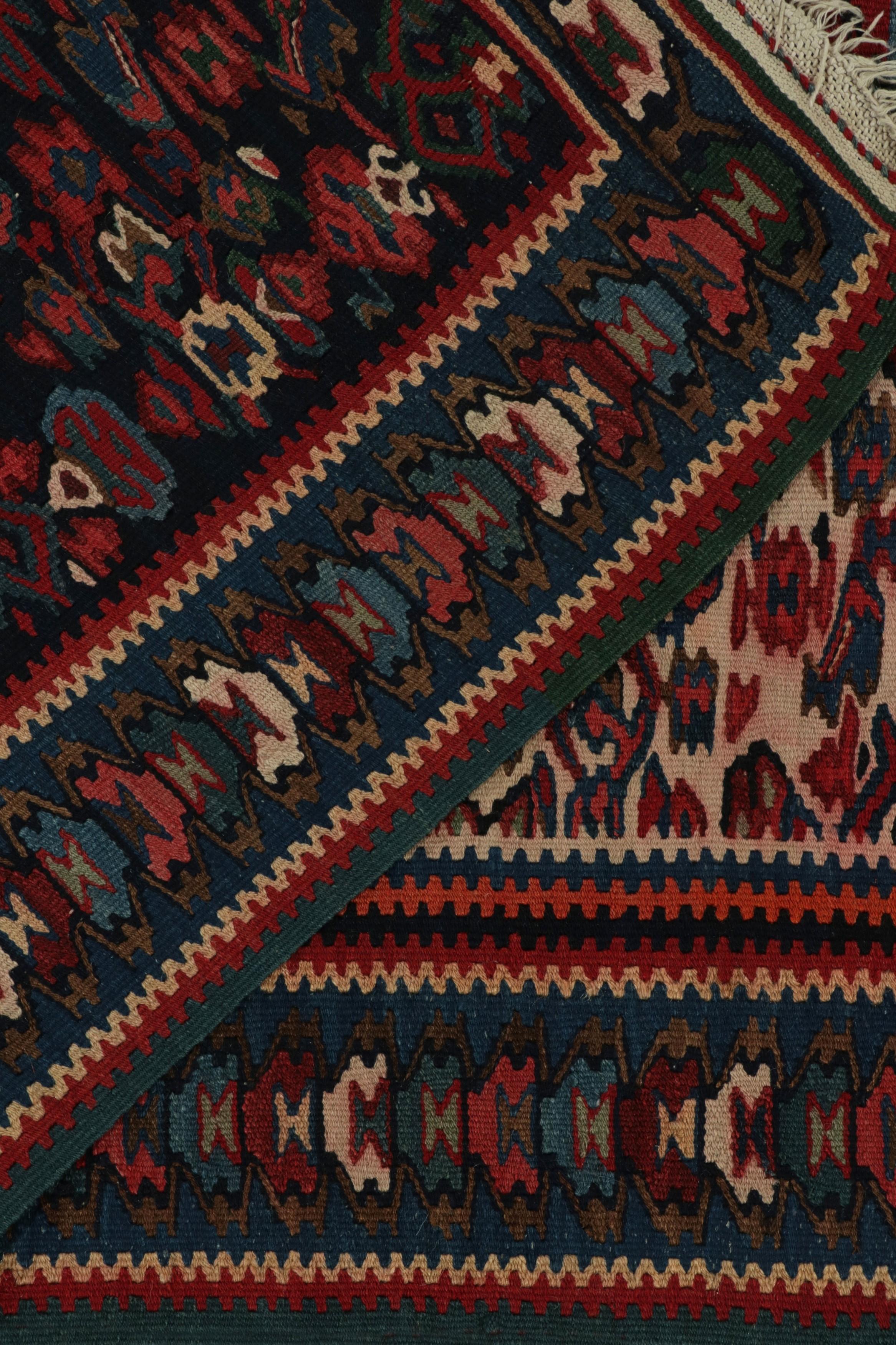 Wool 1950s Vintage Senneh Kilim in Red, Blue & White Tribal pattern by Rug & Kilim For Sale