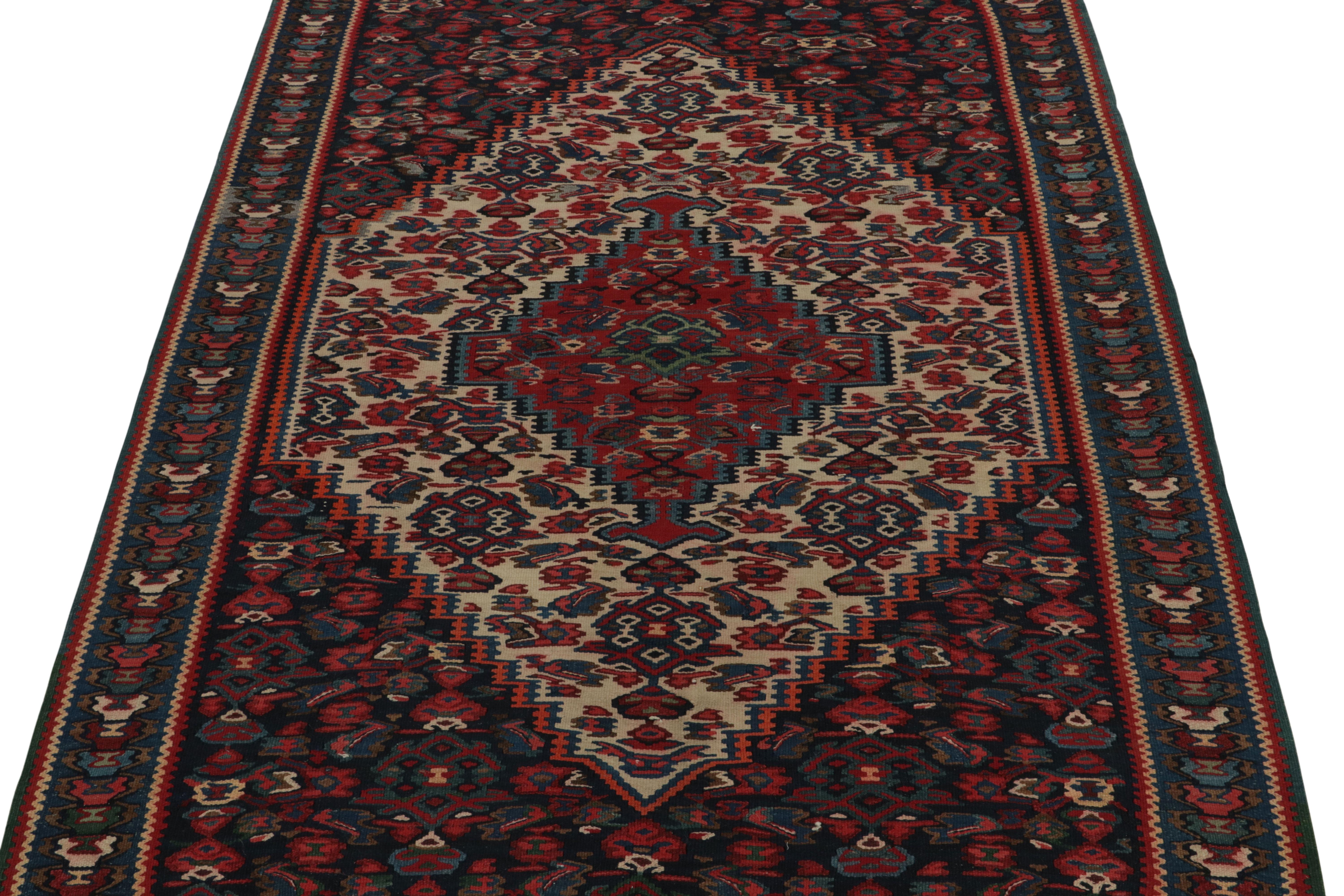 Persian 1950s Vintage Senneh Kilim in Red, Blue & White Tribal pattern by Rug & Kilim For Sale