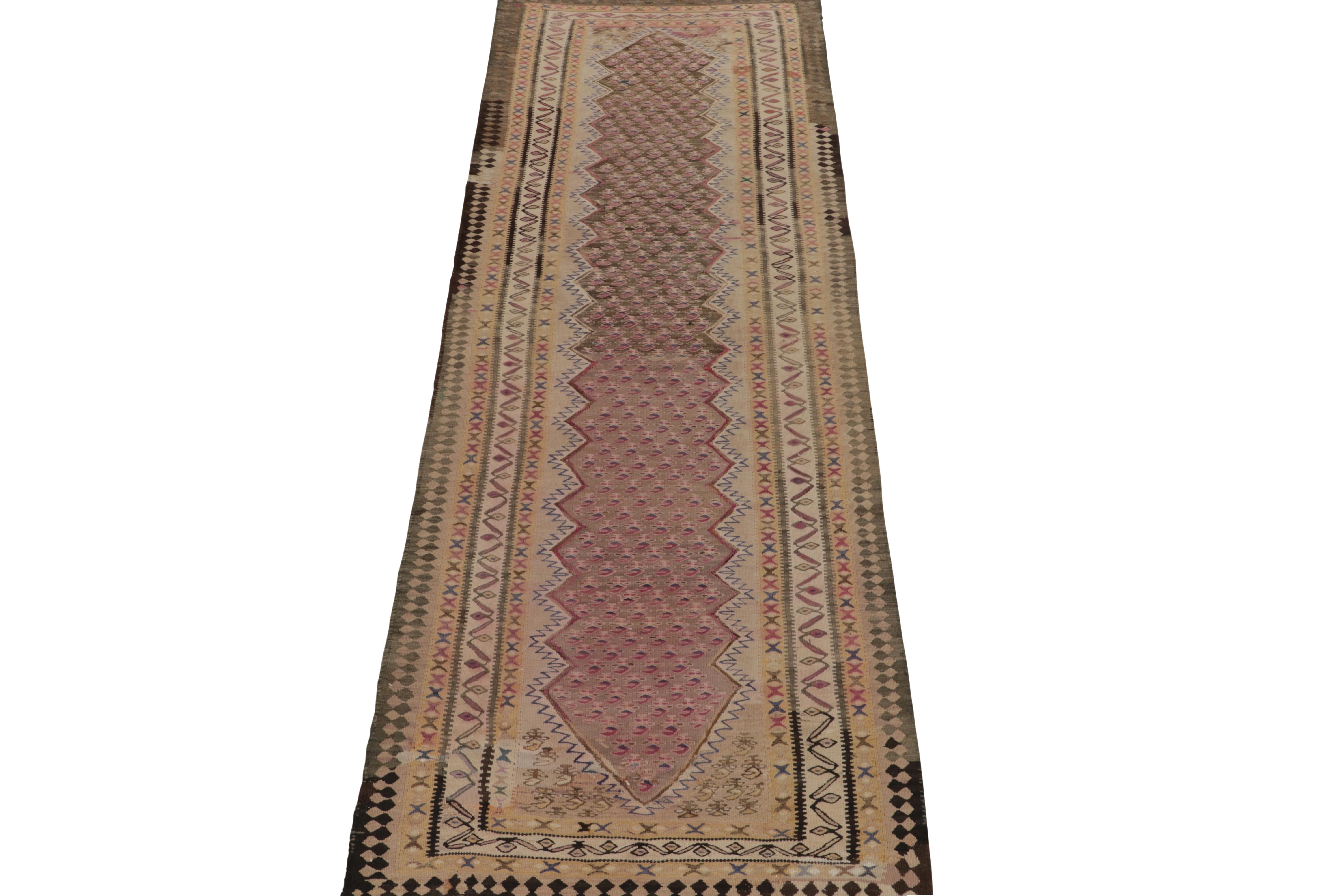 Persian 1950s Vintage Senneh Kilim Runner in Beige-Brown, Tribal Patterns by Rug & Kilim For Sale