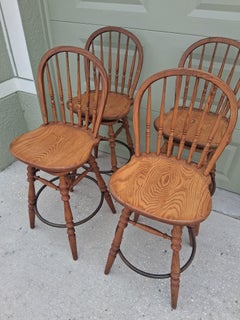1950's Vintage Set of 4 Colonial American Oak Swivel Bar Stools by Ethan Allen
