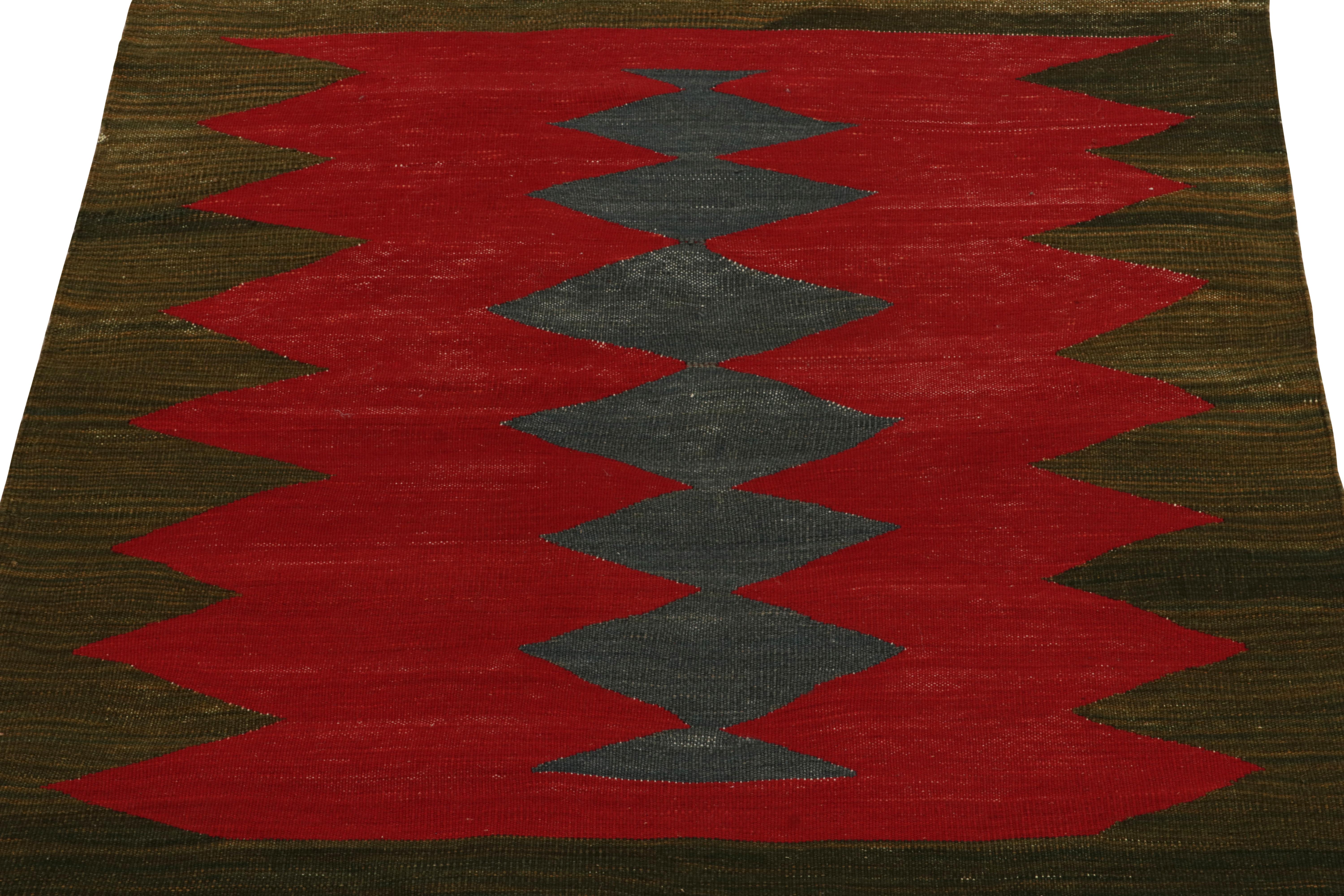 Handwoven in wool circa 1980-1990, from a rare vintage curation of small-sized Sofreh Kilim rugs in our classic collection. Especially distinguished for its 3x3 size and durability among Persian flat weaves of its time. 

The piece carries an