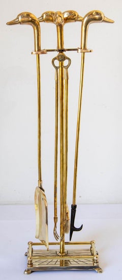 1950s Vintage Solid Brass Fireplace Tools with Duck Heads, French Maison Jansen