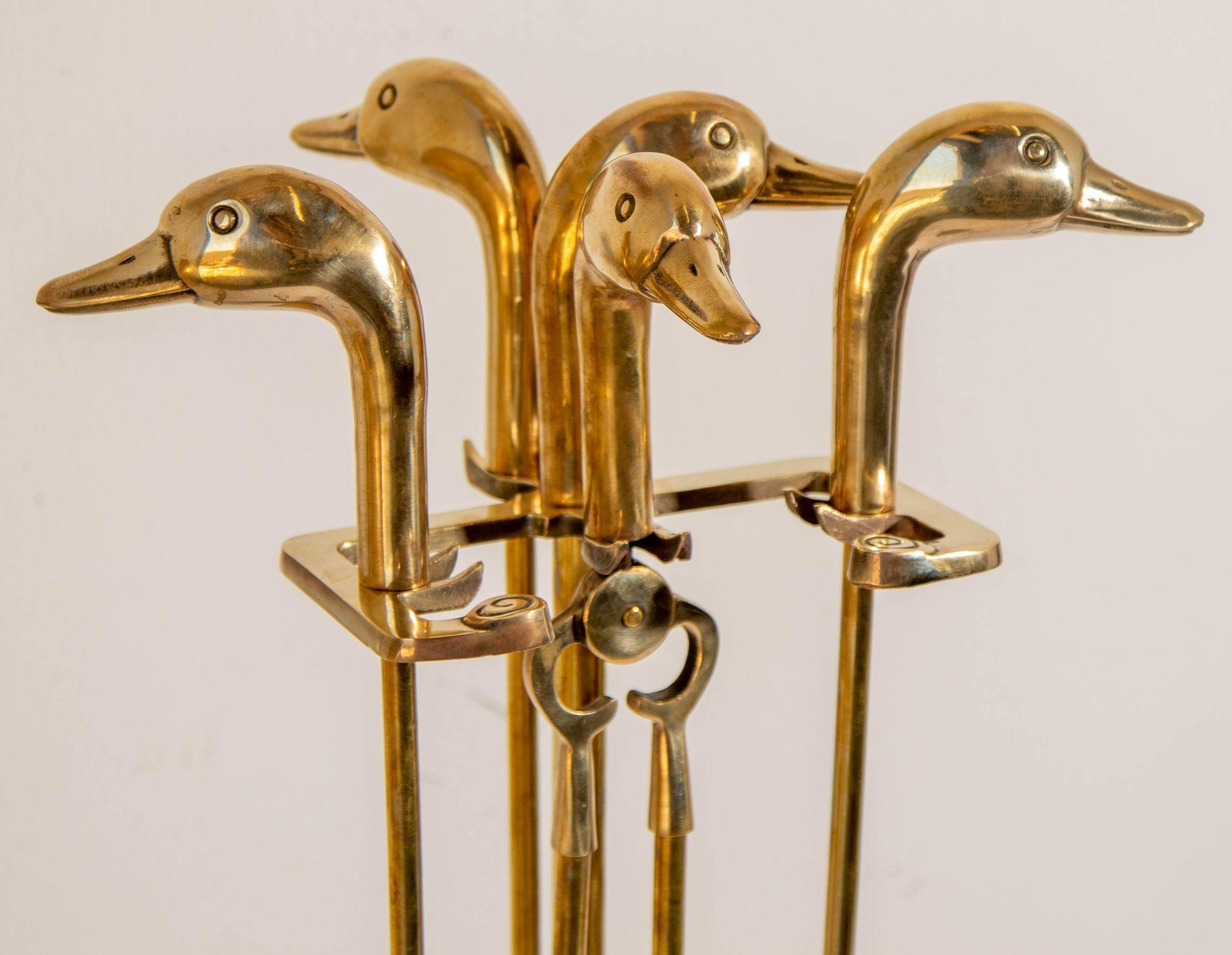 Cast 1950s Vintage Solid Brass Fireplace Tools with Duck Heads, French Maison Jansen For Sale