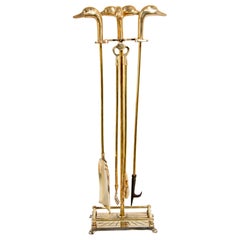 1950s Vintage Solid Brass Fireplace Tools with Duck Heads, French Maison Jansen