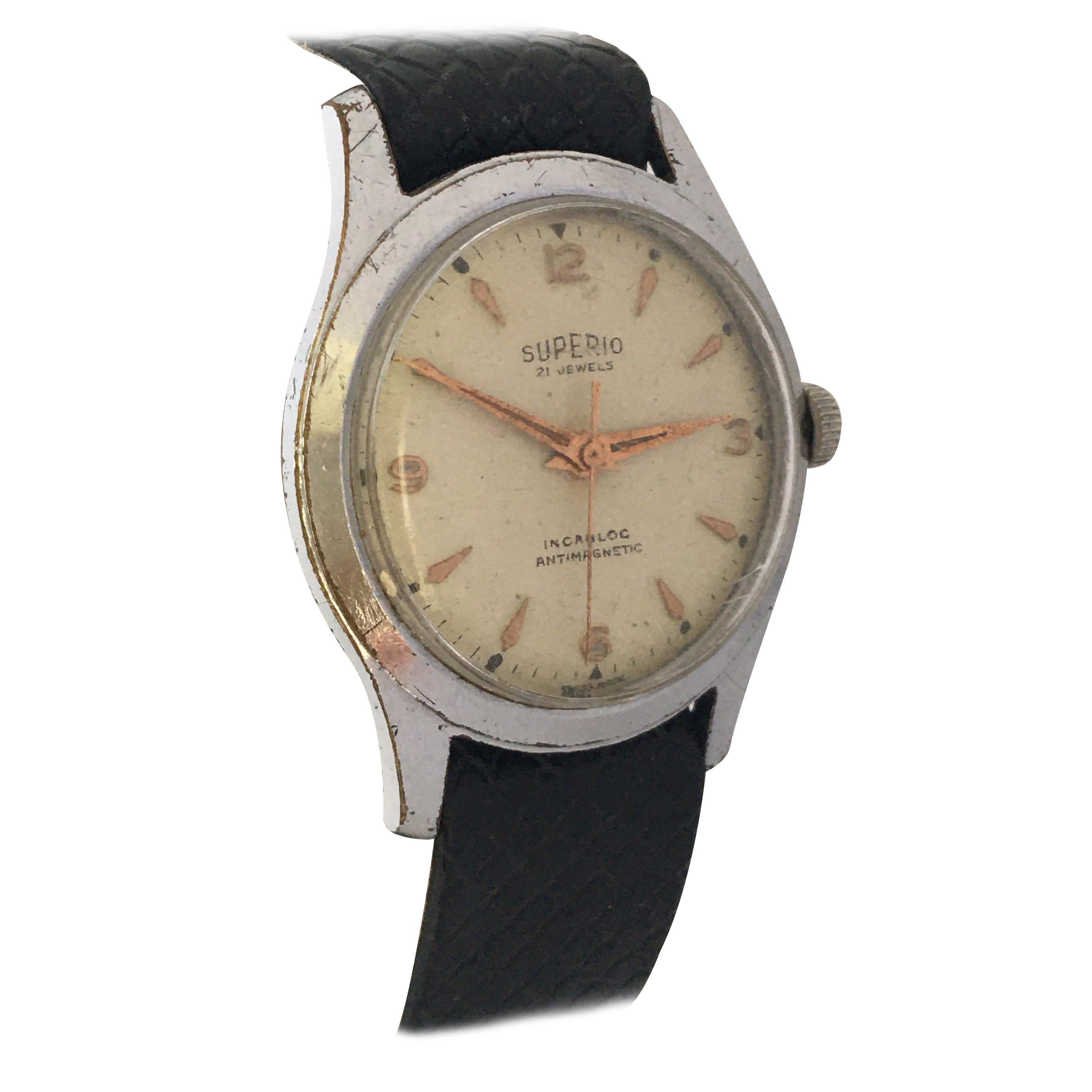 1950s Vintage Stainless Steel Back Mechanical Swiss Watch For Sale