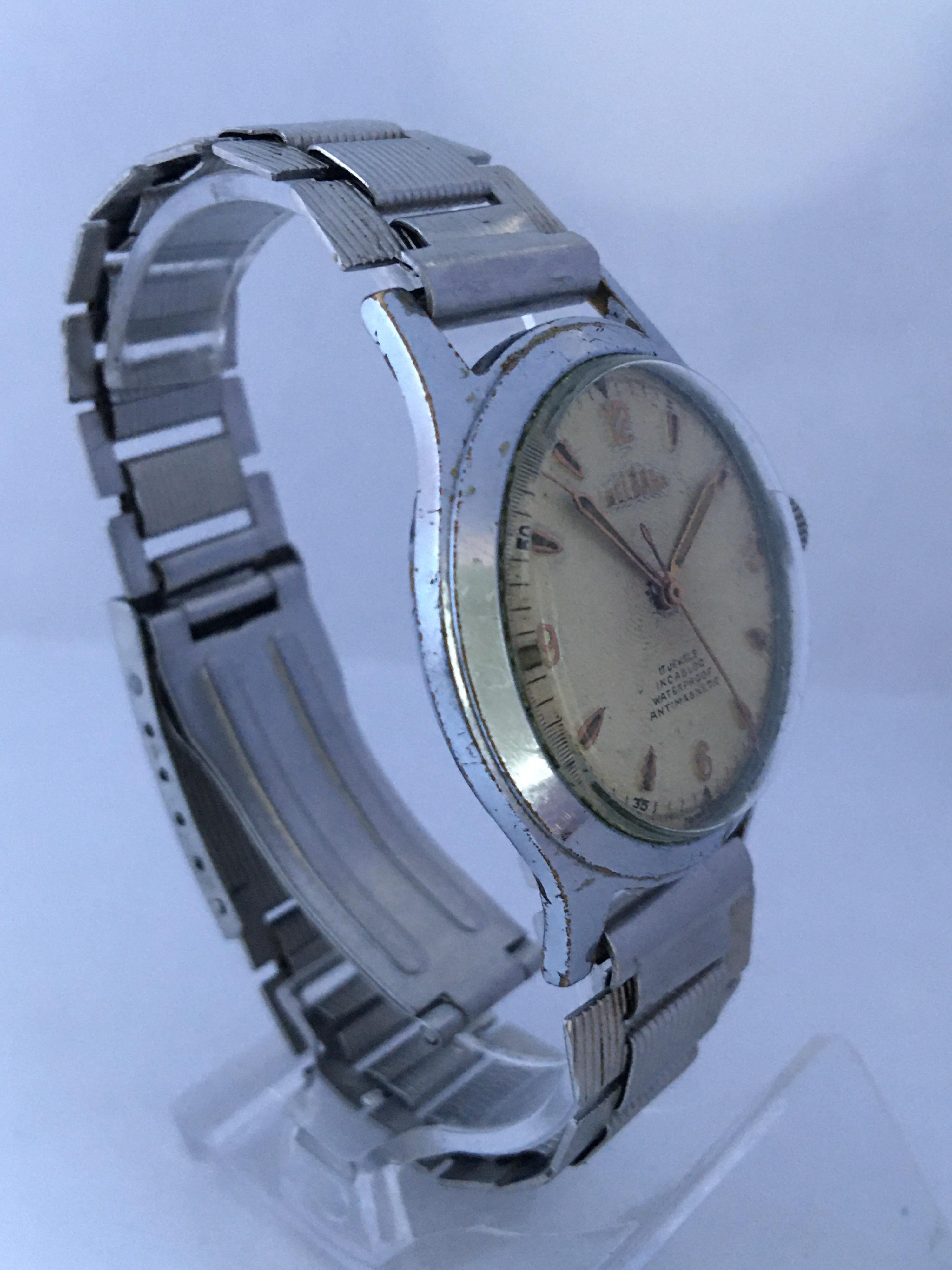 1950s Vintage Stainless Steel DELBANA Mechanical Watch For Sale 4