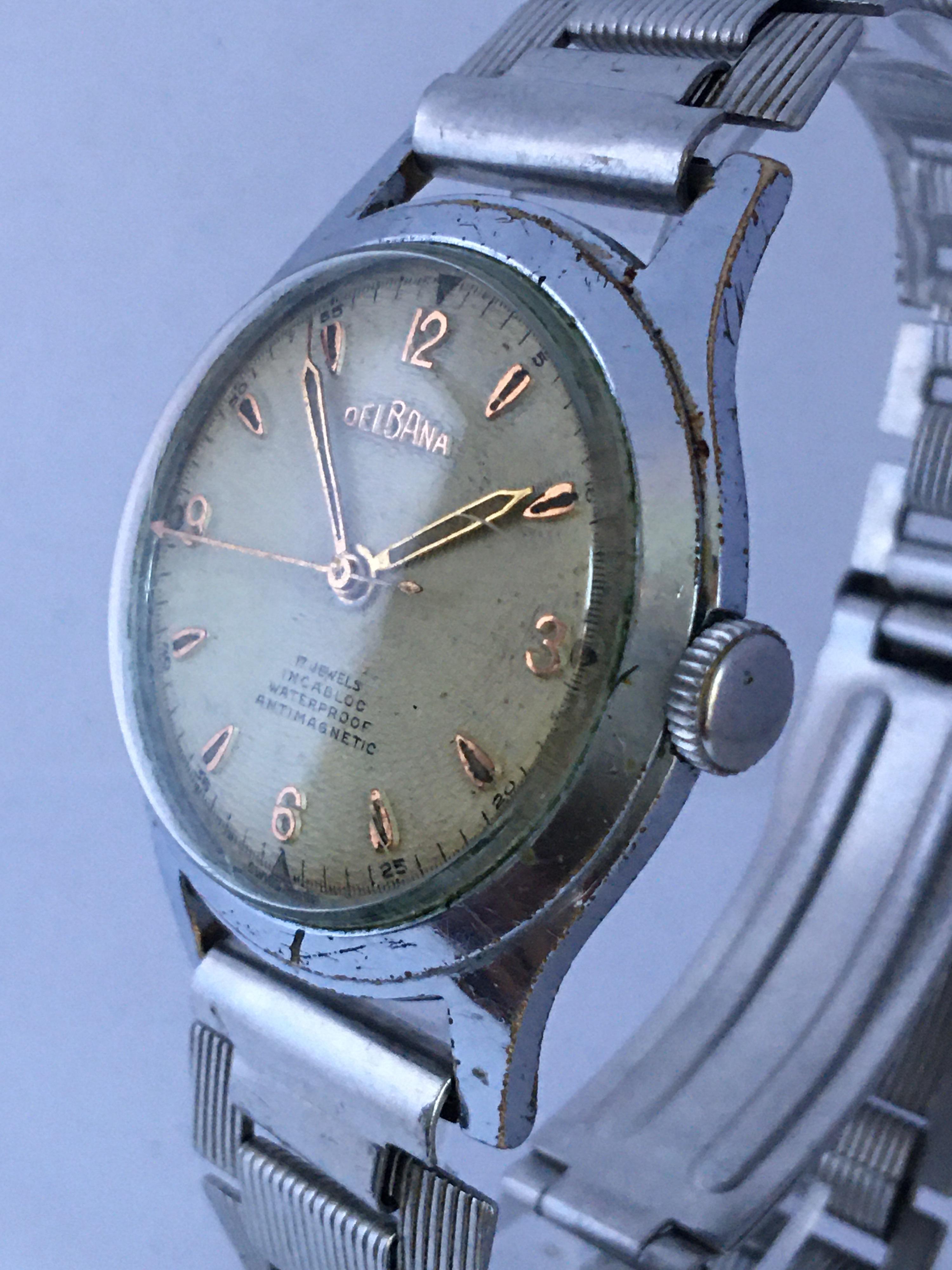 1950s Vintage Stainless Steel DELBANA Mechanical Watch For Sale 5