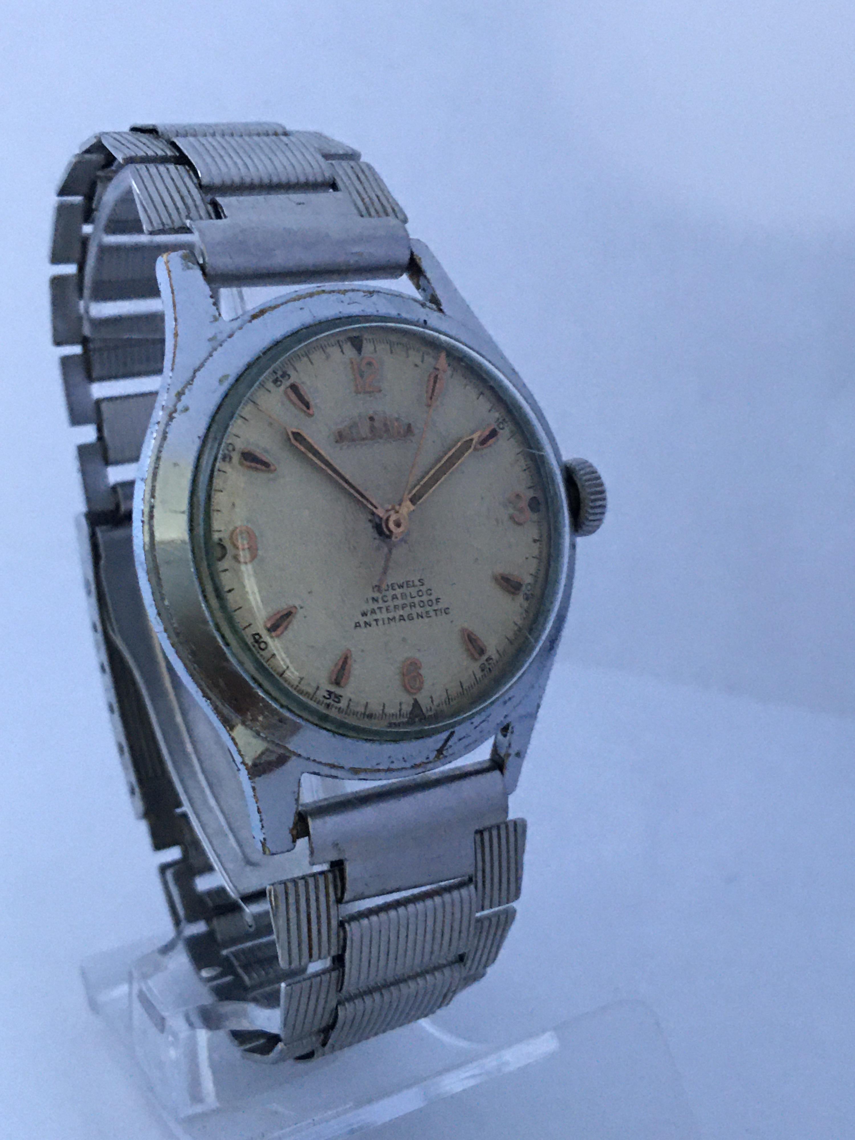 1950s Vintage Stainless Steel DELBANA Mechanical Watch For Sale 6
