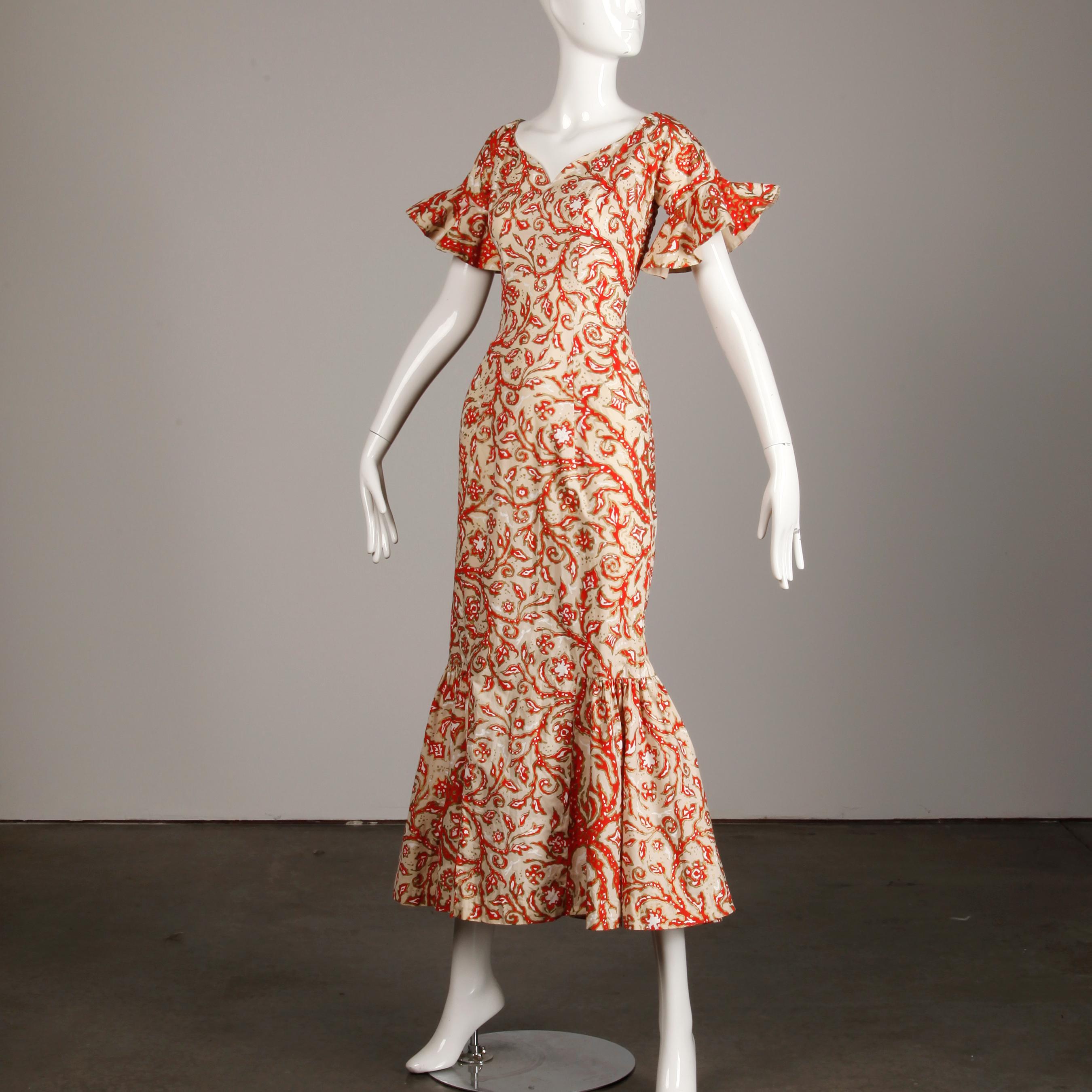 Brown 1950s Vintage Surf and Shore Hawaiian Silk Screen Print Dress with Bell Sleeves For Sale
