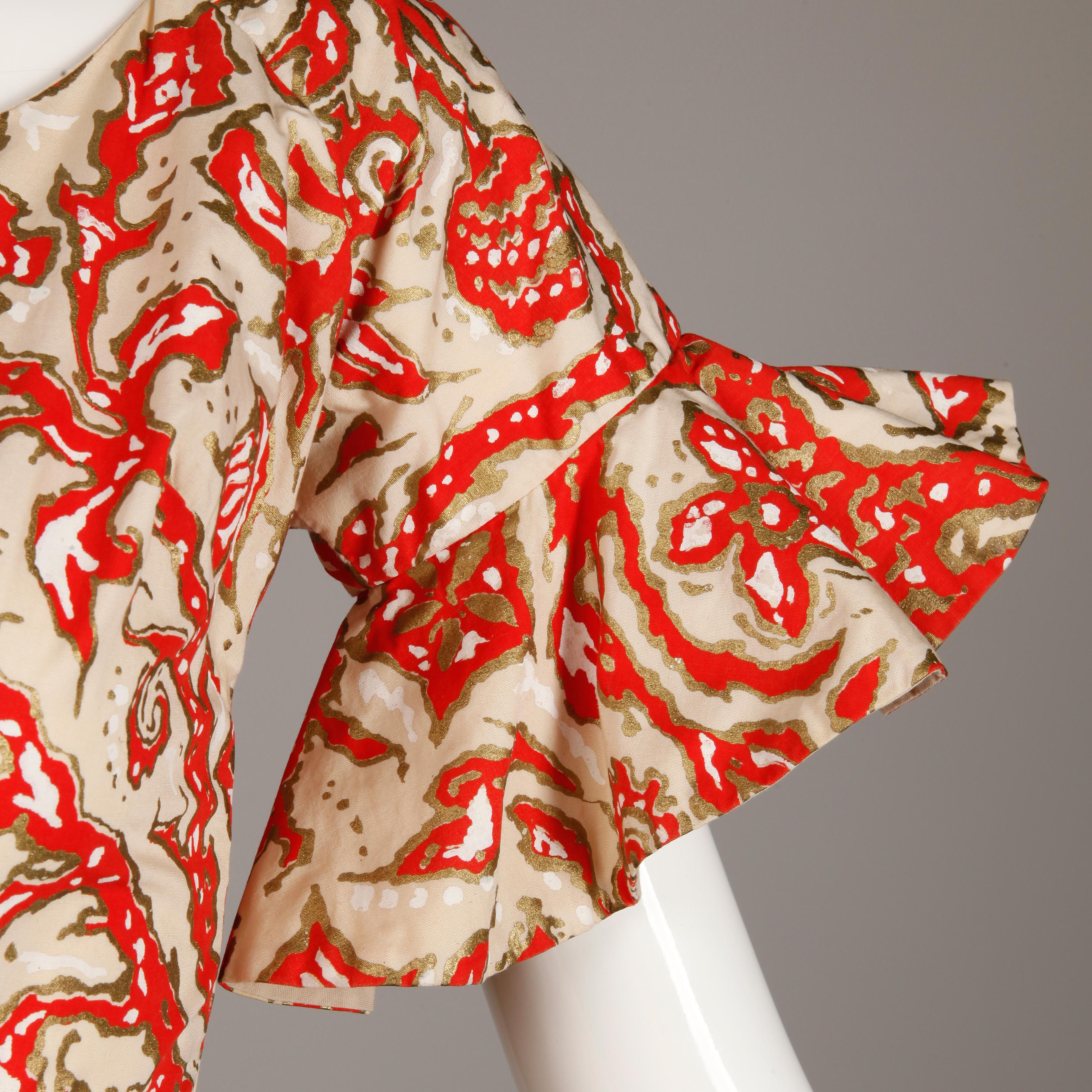 Women's 1950s Vintage Surf and Shore Hawaiian Silk Screen Print Dress with Bell Sleeves For Sale
