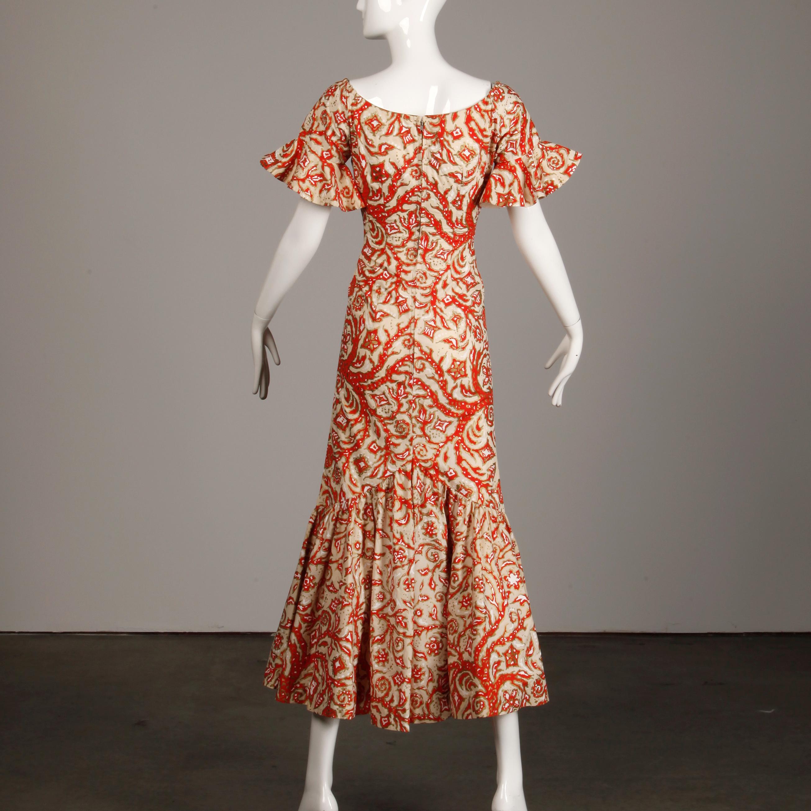Brown 1950s Vintage Surf and Shore Hawaiian Silk Screen Print Dress with Bell Sleeves For Sale