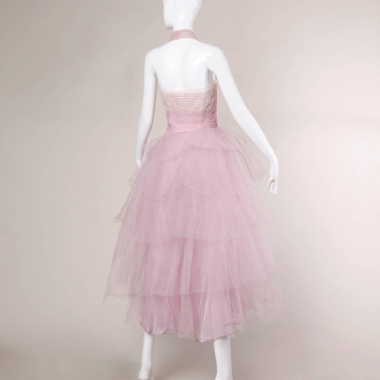 1950s Vintage Tiered Tulle Formal Barbie Pink Cupcake Prom Dress In Excellent Condition For Sale In Sparks, NV