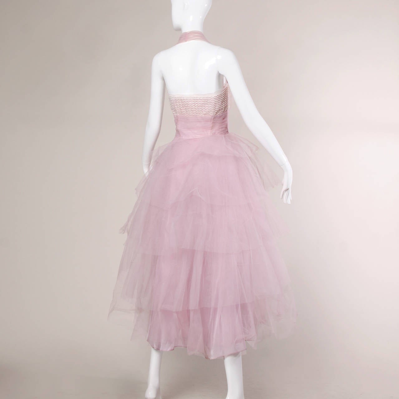 1950s Vintage Tiered Tulle Formal Barbie Pink Cupcake Prom Dress In Excellent Condition In Sparks, NV