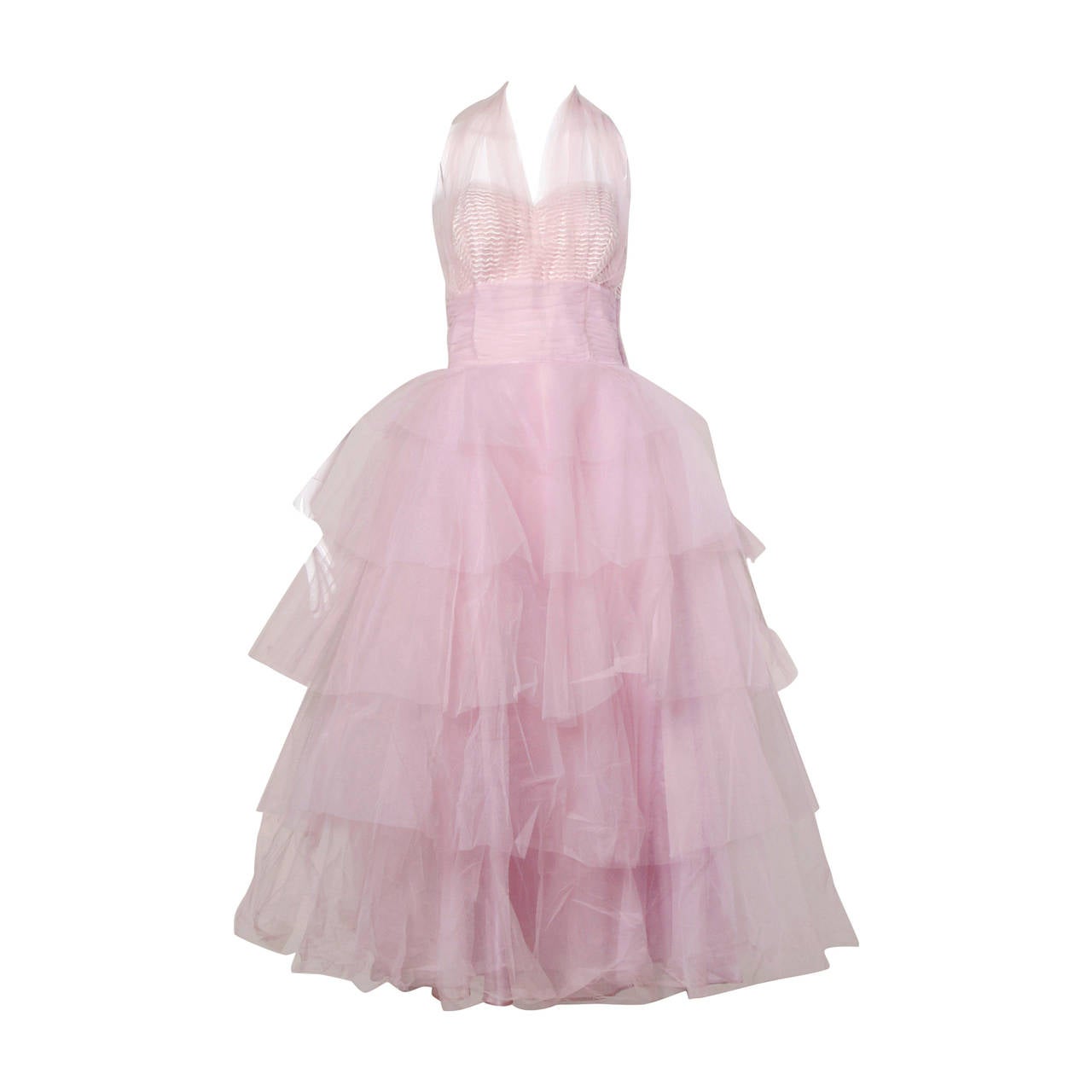 1950er Jahre Vintage Gestuftes formelles Barbie-Kleid aus Tüll in Rosa mit Kuchenförmigem Rand