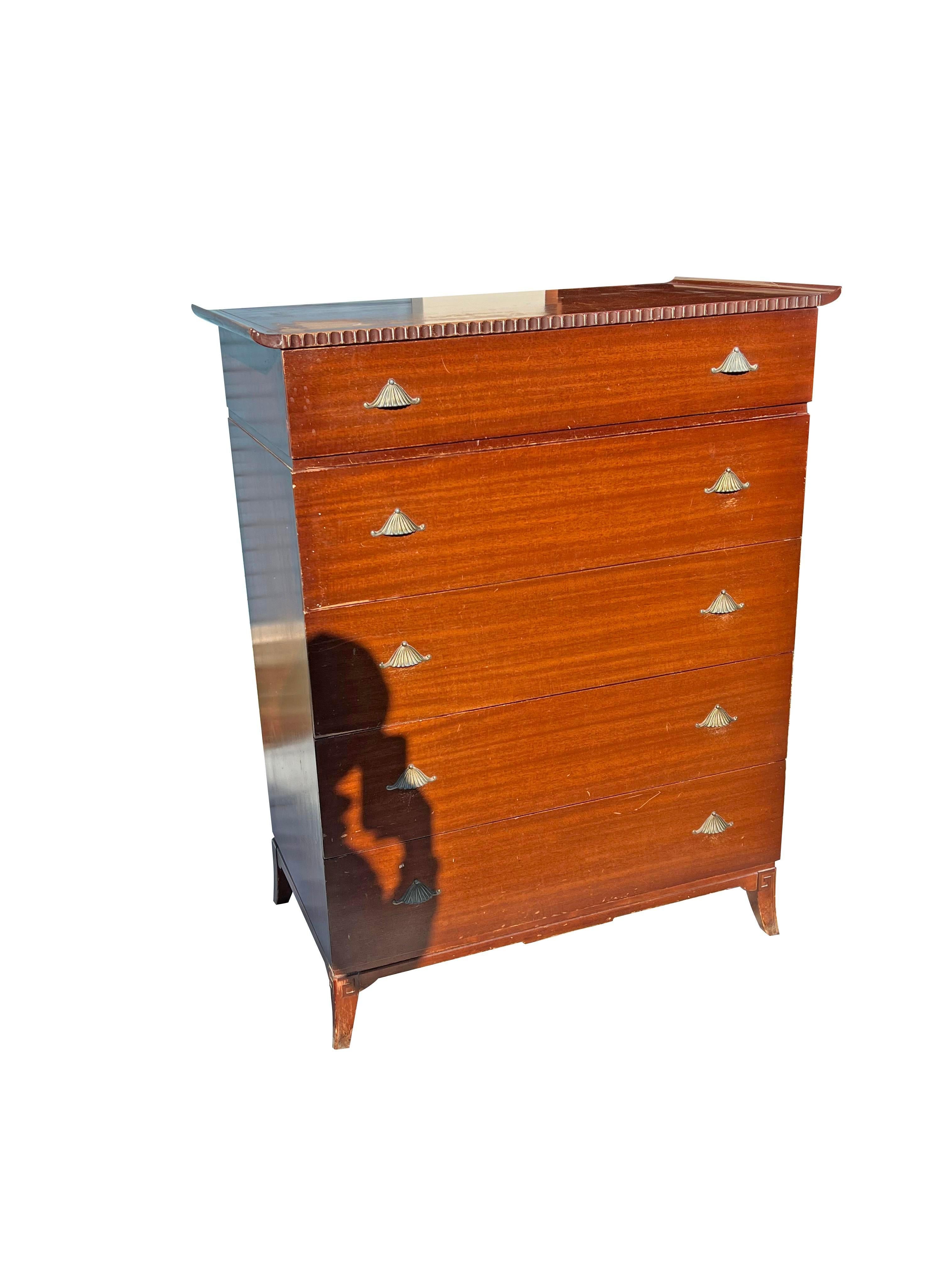 1950s Vintage Traditional Asian Style Highboy Tall Dresser With Shell Hardware In Good Condition In Saddle River, NJ