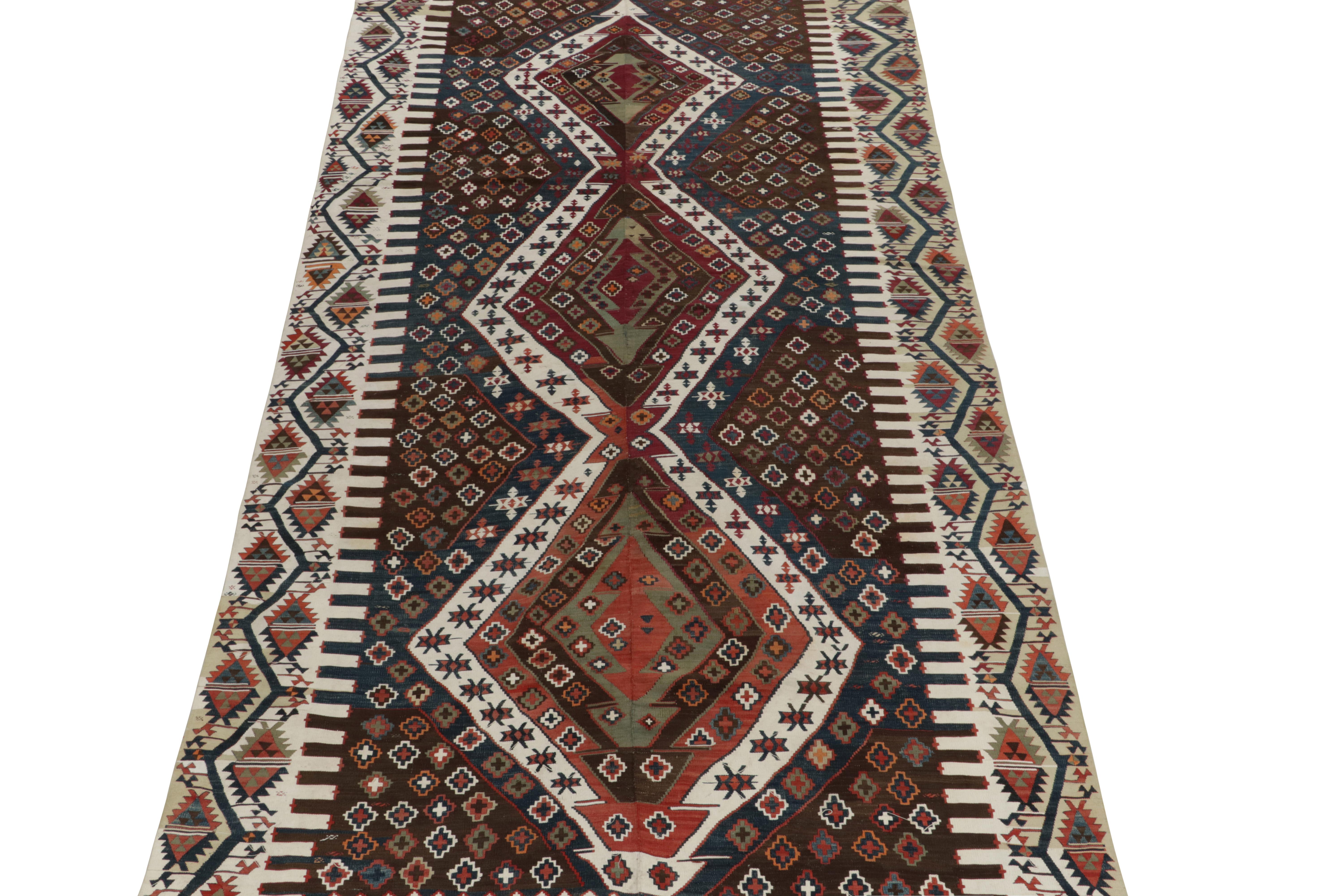 Turkish 1950s Vintage Tribal Kilim in Blue Brown and White Tribal pattern by Rug & Kilim For Sale