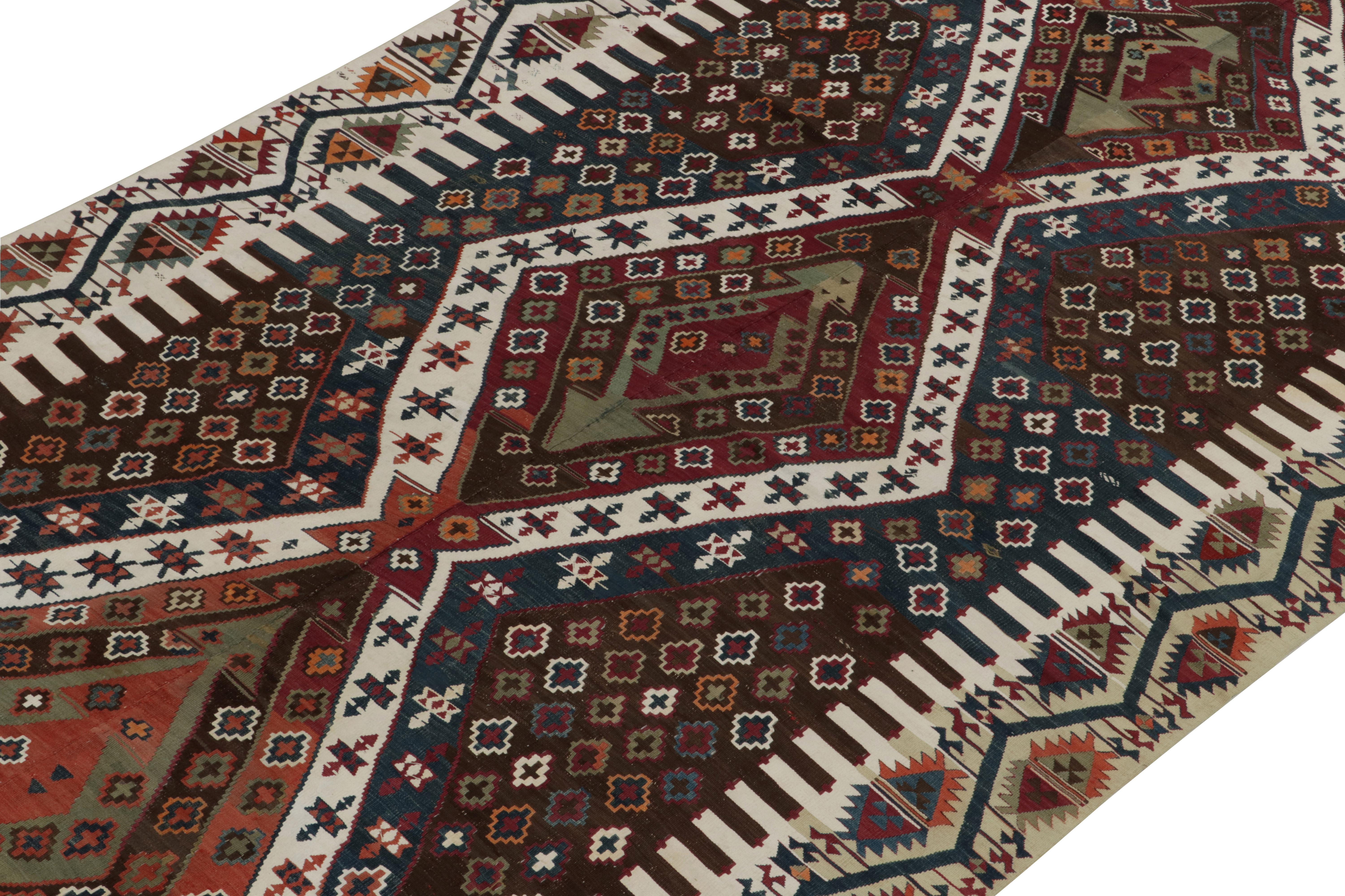Hand-Woven 1950s Vintage Tribal Kilim in Blue Brown and White Tribal pattern by Rug & Kilim For Sale