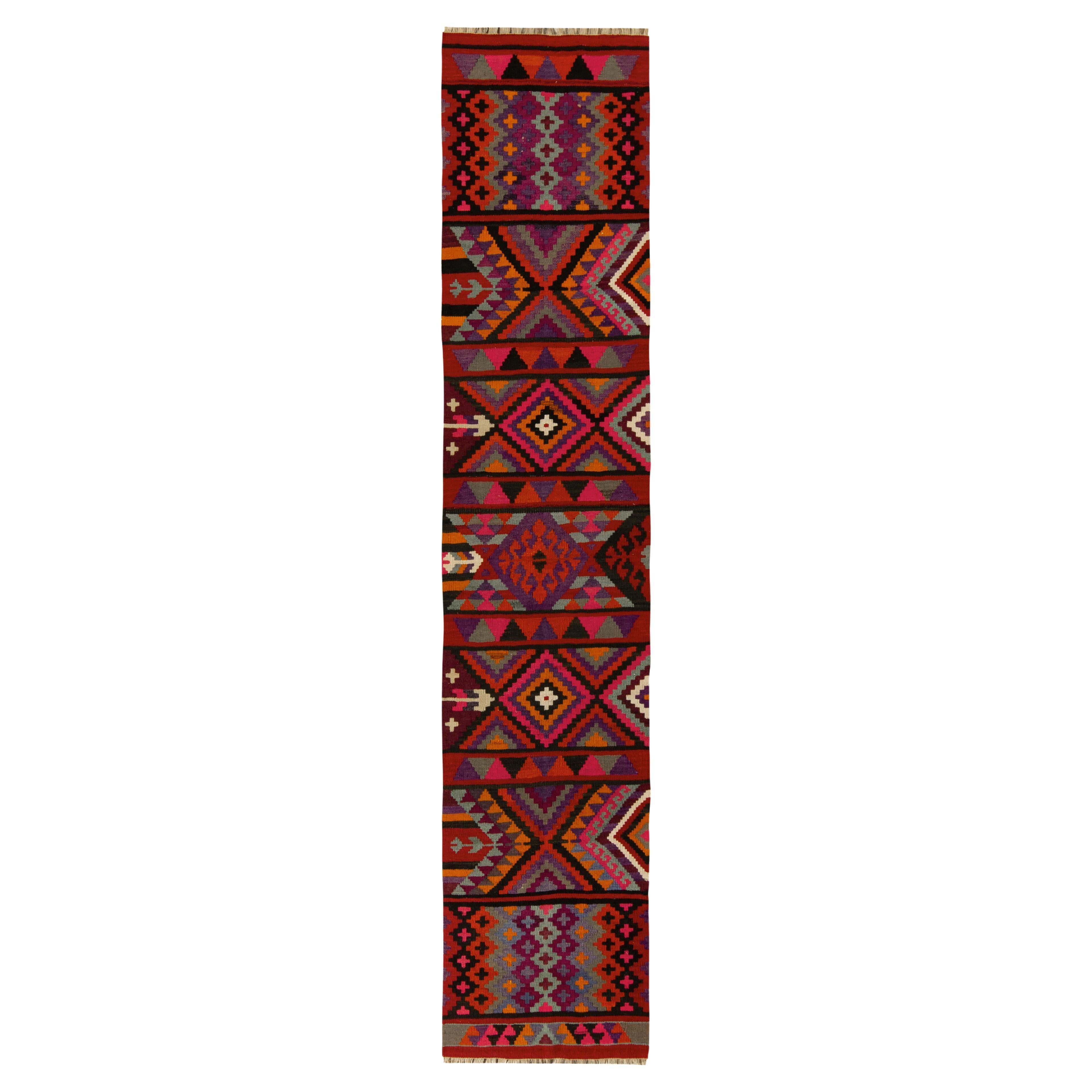 1950s Vintage Tribal Kilim Runner in Red Geometric Pattern by Rug & Kilim For Sale