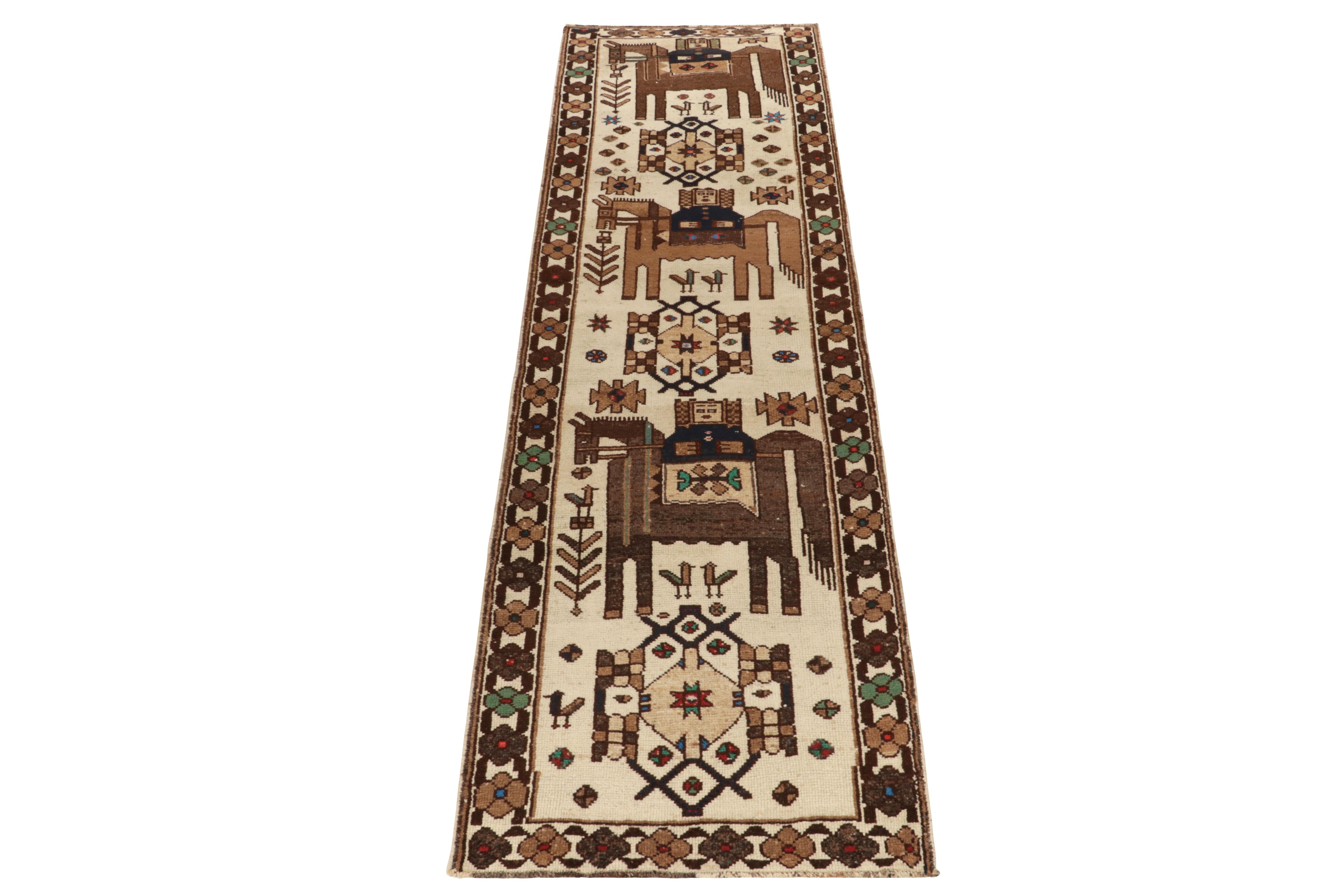 Hand-knotted in wool, a 4x12 rug from Rug & Kilim’s latest curation of rare tribal pieces. Originating from Turkey circa 1950-1960, an exemplary work of folk art in rare patterns and charming colors. 

The design enjoys rider, horse & bird