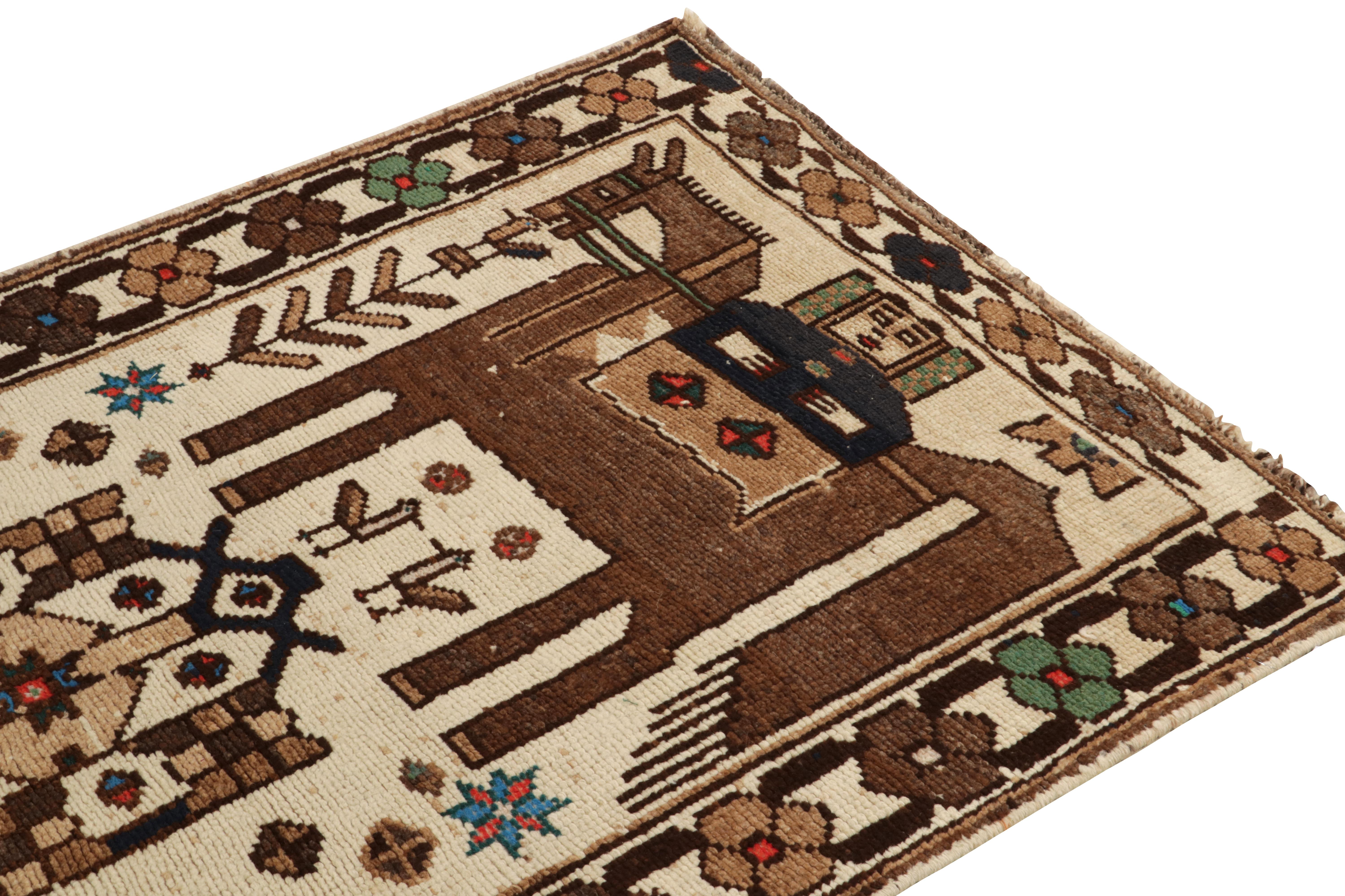 Hand-Knotted 1950s Vintage Tribal Rug in Beige-Brown Pictorials, Blue Pattern by Rug & Kilim For Sale