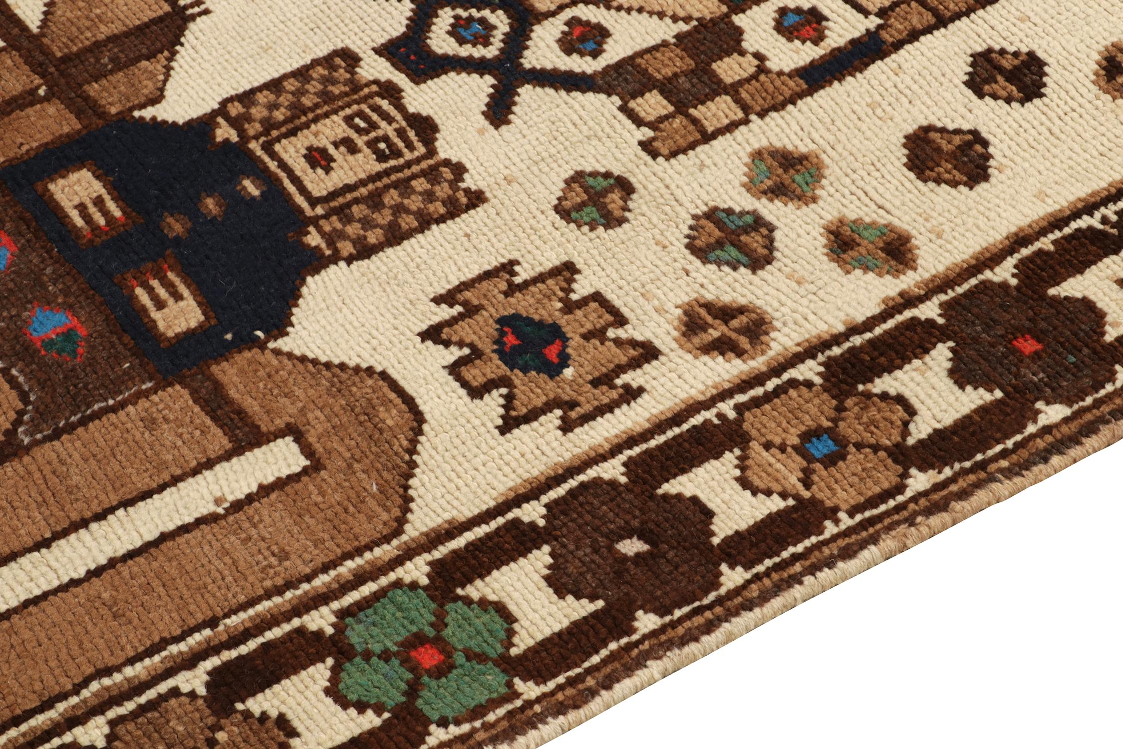 1950s Vintage Tribal Rug in Beige-Brown Pictorials, Blue Pattern by Rug & Kilim In Good Condition For Sale In Long Island City, NY