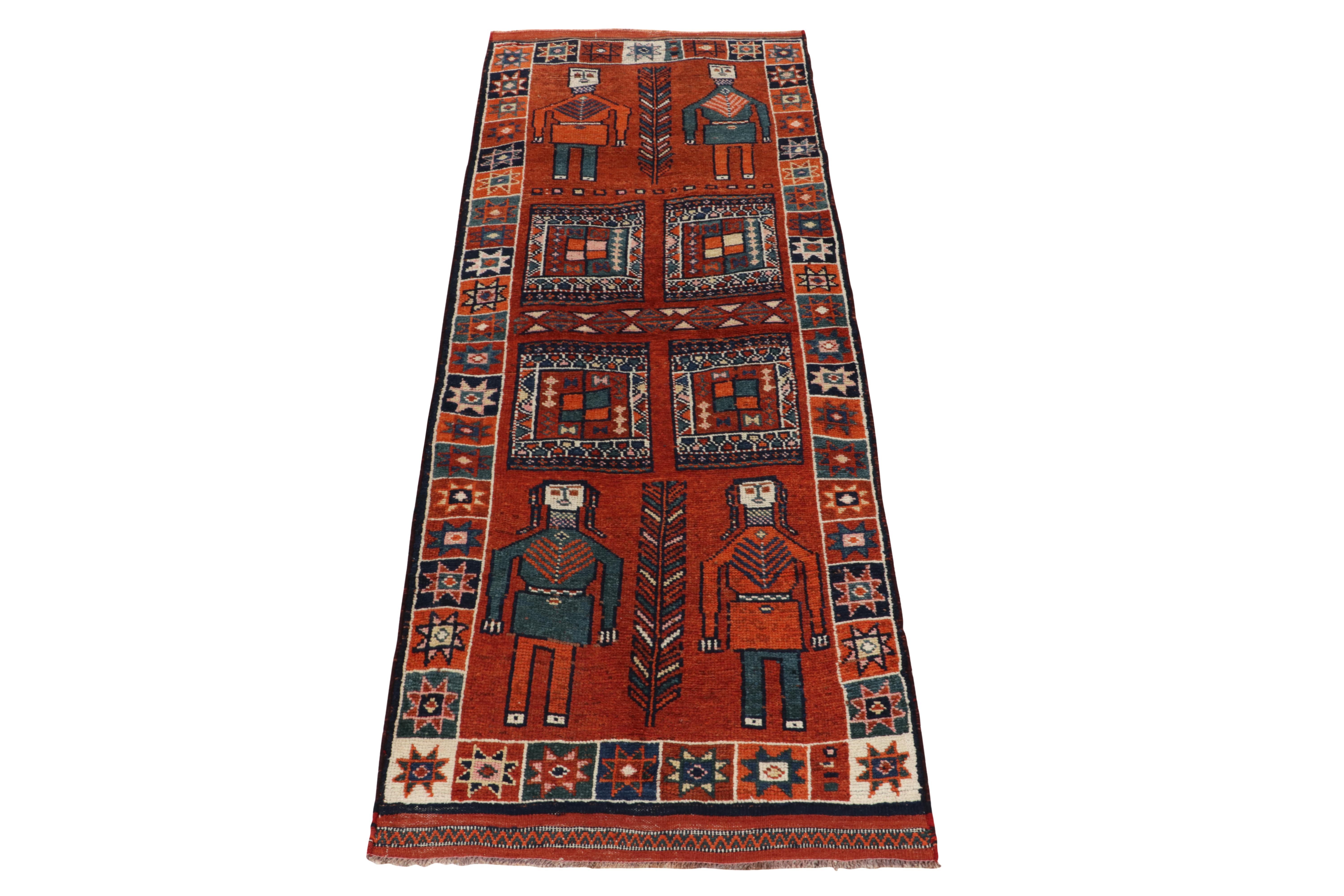 Hand-knotted in wool, a 4x11 rug from Rug & Kilim’s newly unveiled curation of rare tribal pieces. Originating from Turkey circa 1950-1960, a graphic piece as collectible as it is decorative. 

The design enjoys human pictorials & geometric
