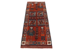 1950er Jahre Vintage Tribal Teppich in Orange, Rot und Blau mit Bildmuster