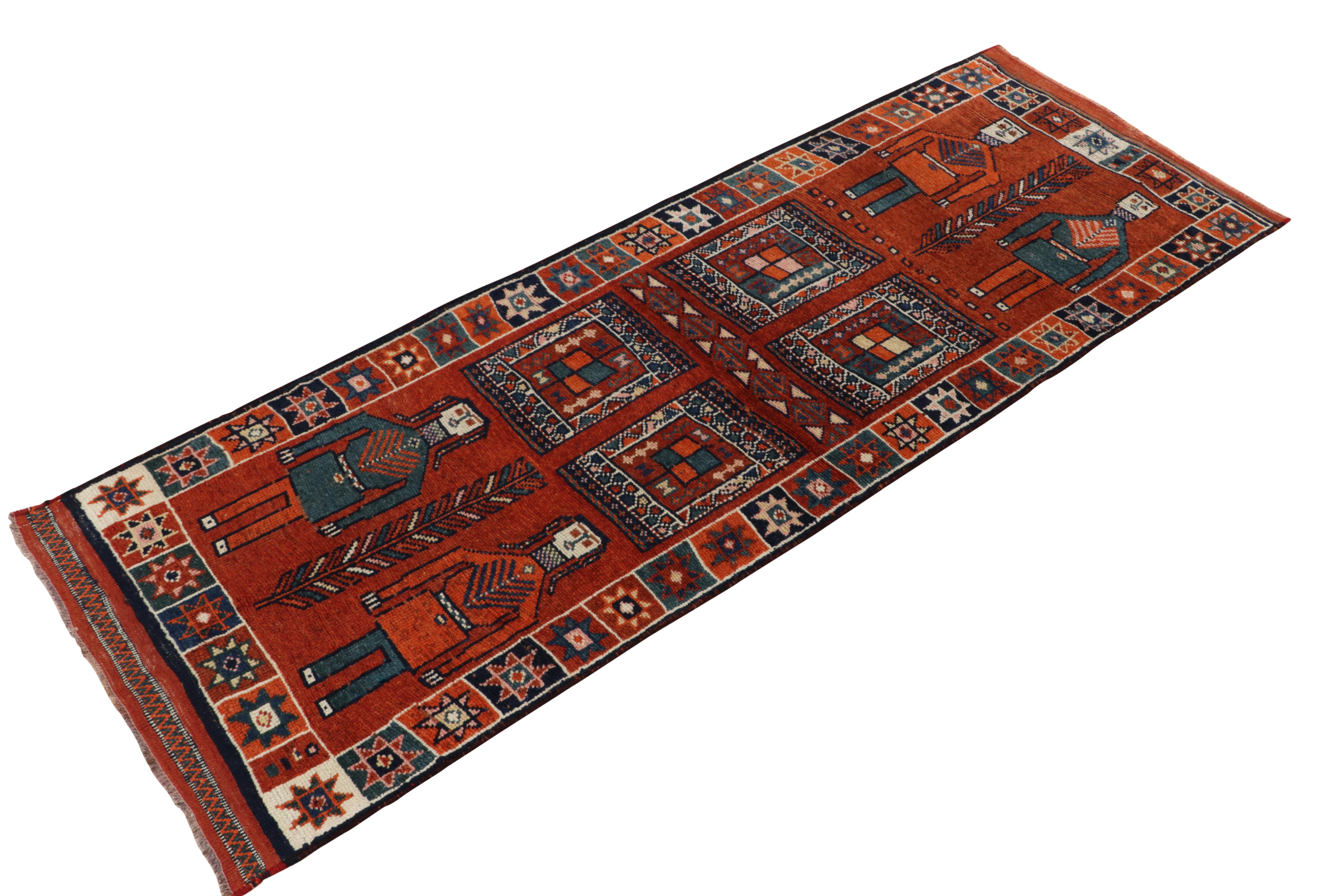 Turkish 1950s Vintage Tribal Rug in Orange, Red and Blue Pictorial Patterns For Sale
