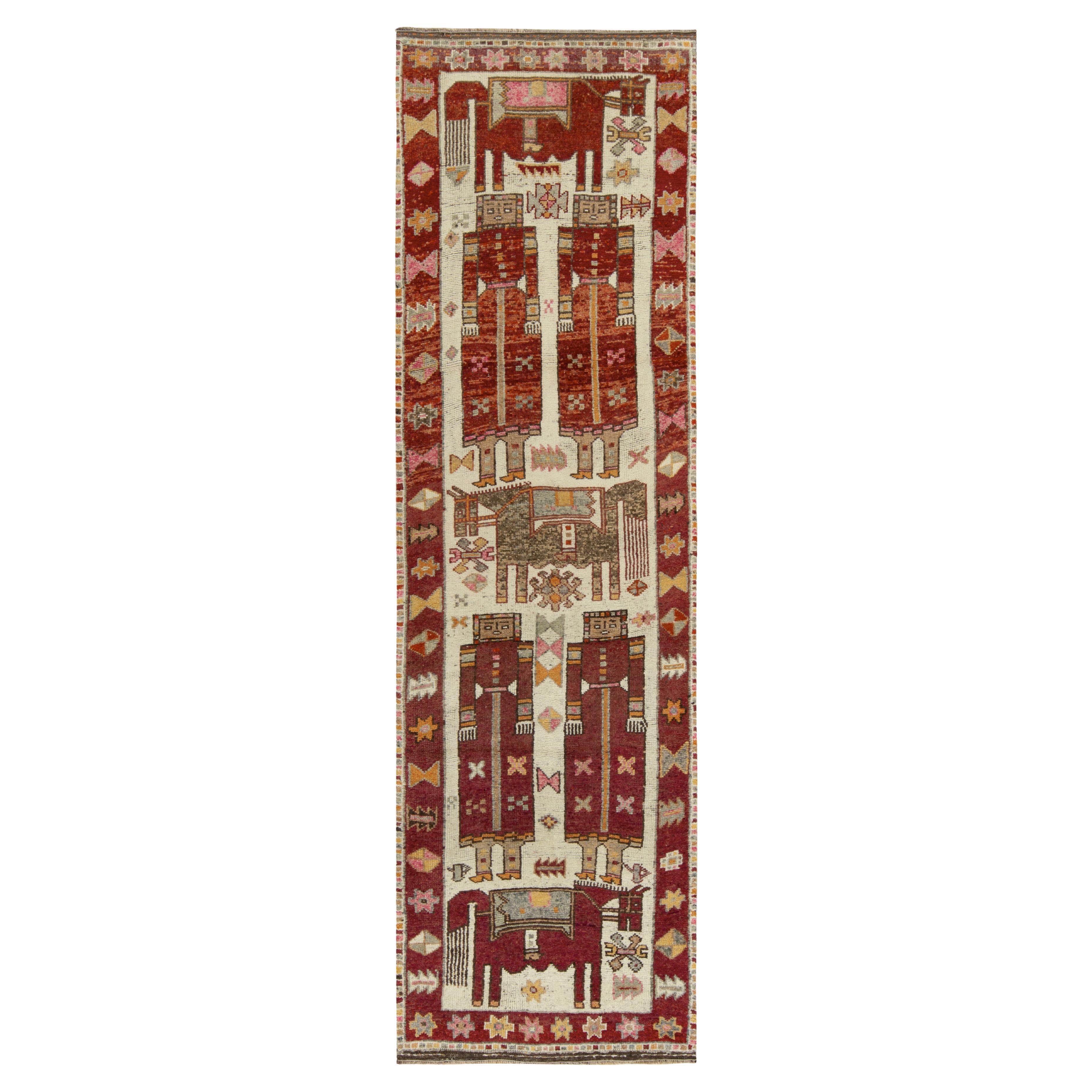1950s Vintage Tribal Rug in Red, Beige Pictorials Floral Pattern by Rug & Kilim For Sale