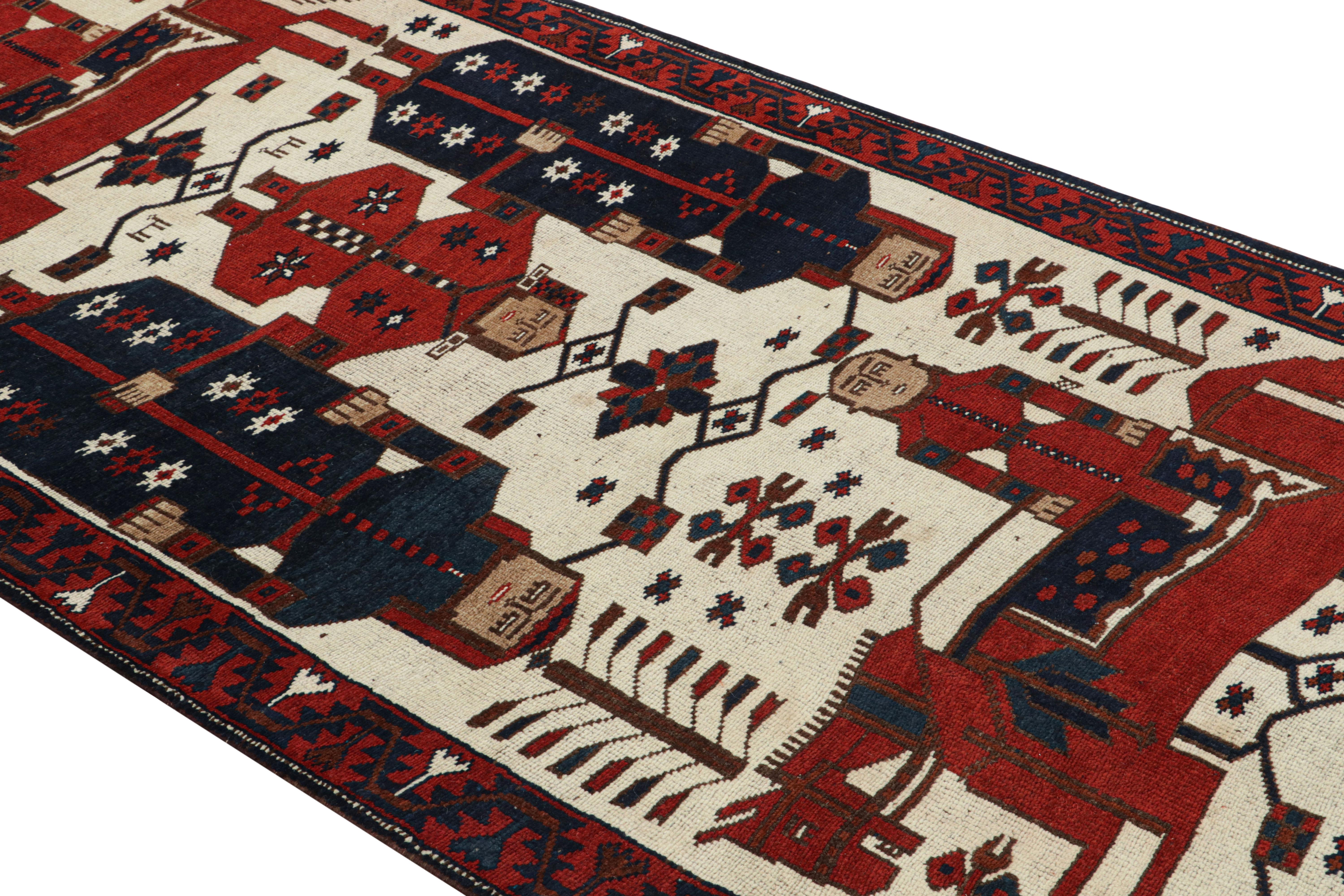 Hand-knotted in wool, a 4x14 runner from Rug & Kilim’s newly unveiled curation of rare tribal pieces. Originating from Turkey circa 1950-1960, a bold pictorial carpet as graphic as it is collectible. 

The design enjoys human and horse pictorials
