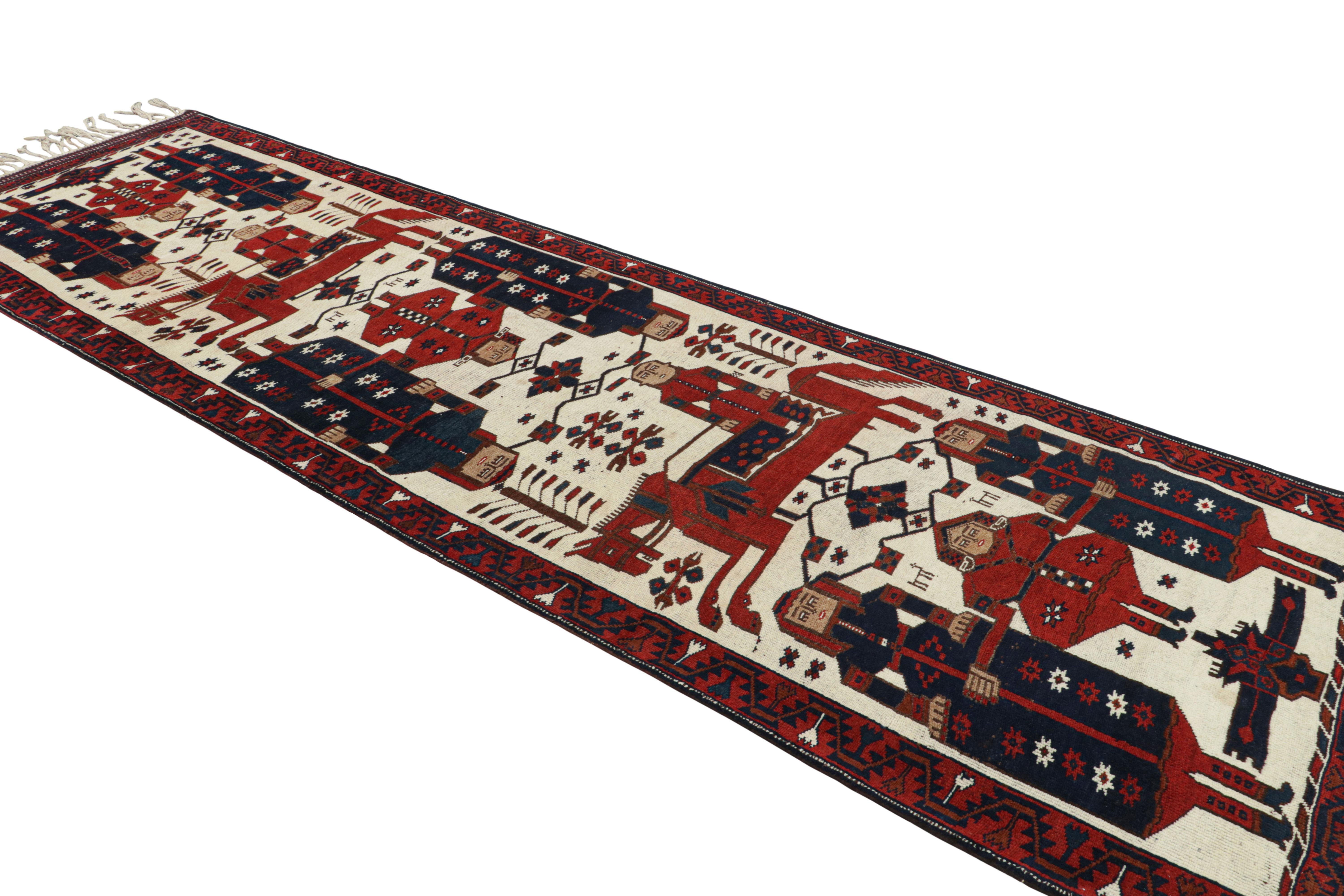 Hand-Knotted 1950s Vintage Tribal Rug in Red, Blue & Beige Pictorial Folk Art by Rug & Kilim For Sale
