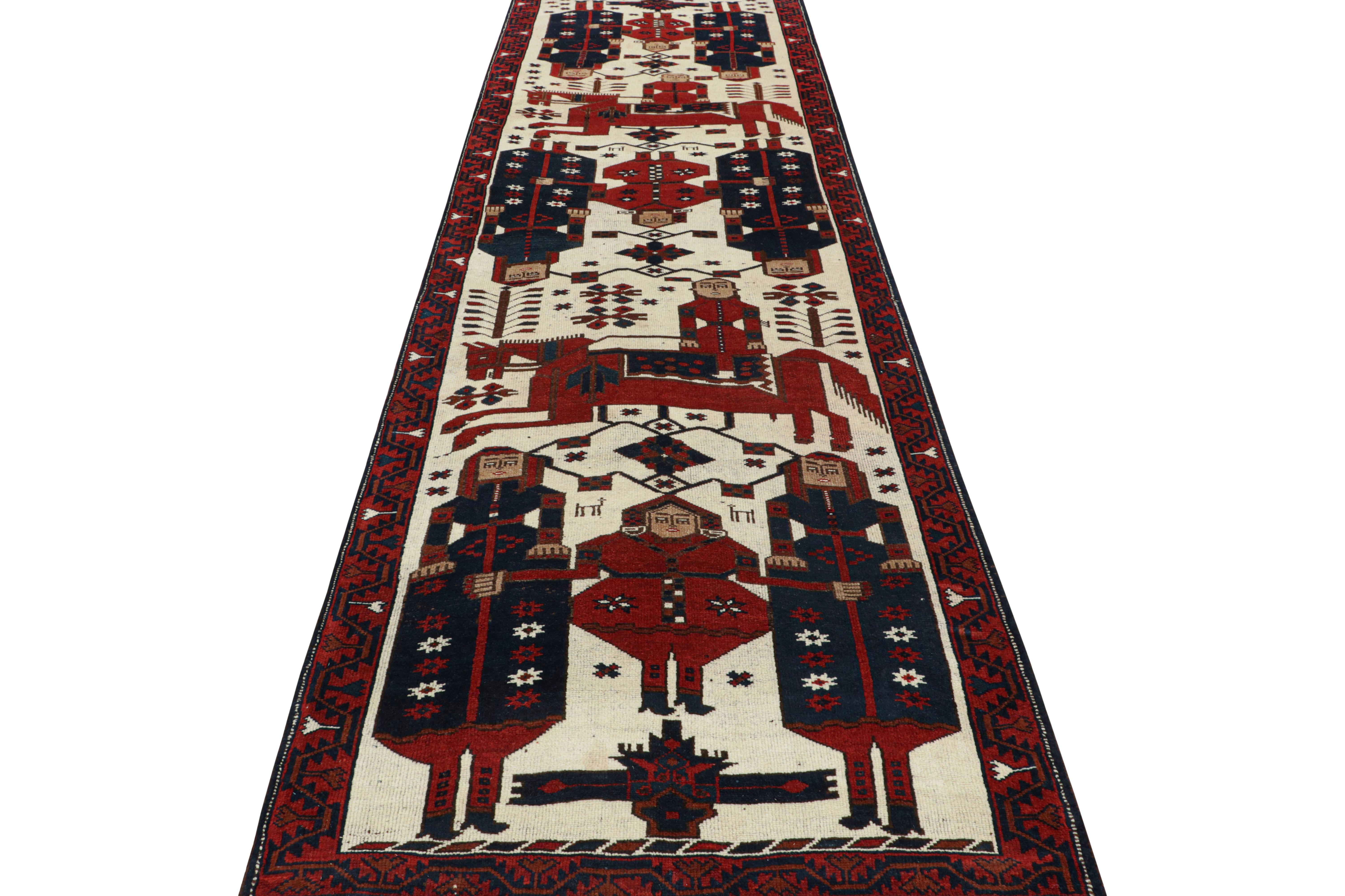 1950s Vintage Tribal Rug in Red, Blue & Beige Pictorial Folk Art by Rug & Kilim In Good Condition For Sale In Long Island City, NY